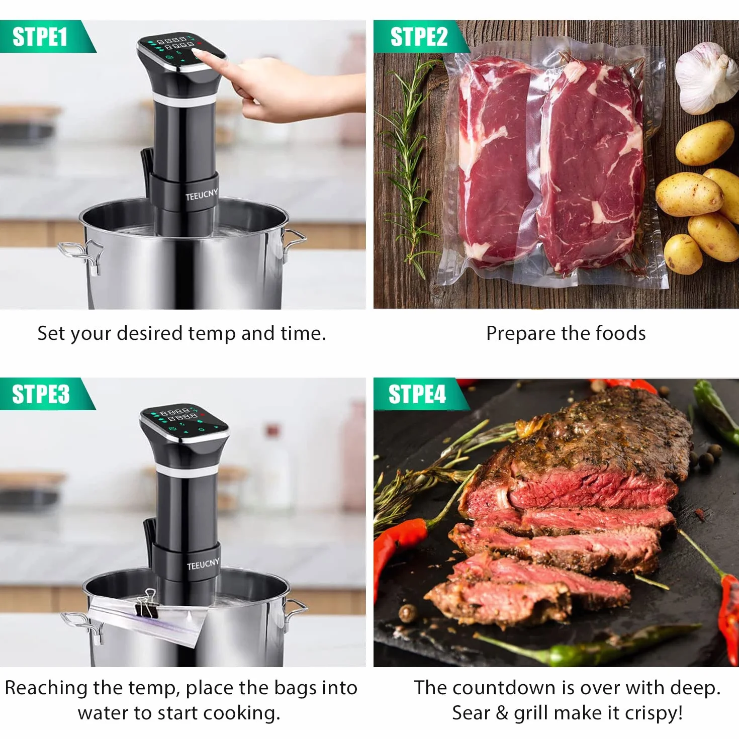 Sous Vide, TEEUCNY Sous-vide Stick precyzyjny garnek do gotowania 1100 W, cyrkulator zanurzeniowy, precyzyjne ustawienie temperatury, cyfrowy timer, ultra cichy, dotykowy wyświetlacz LCD, stal