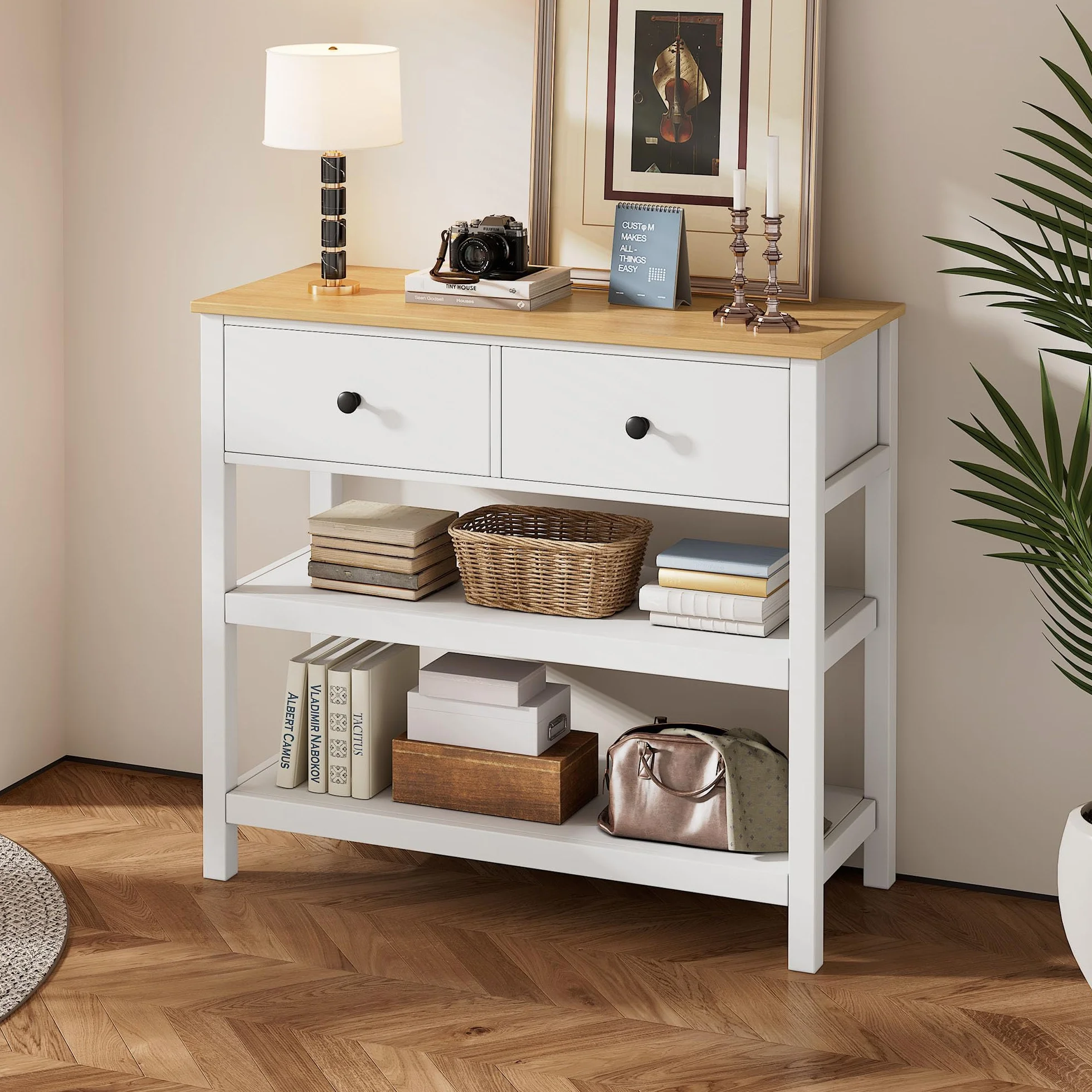 YESGIGA Stolik konsolowy w stylu retro, wąski, drewniany, z szufladami i otwartymi półkami, do korytarza, wejścia i salonu (khaki) (biały + naturalny)