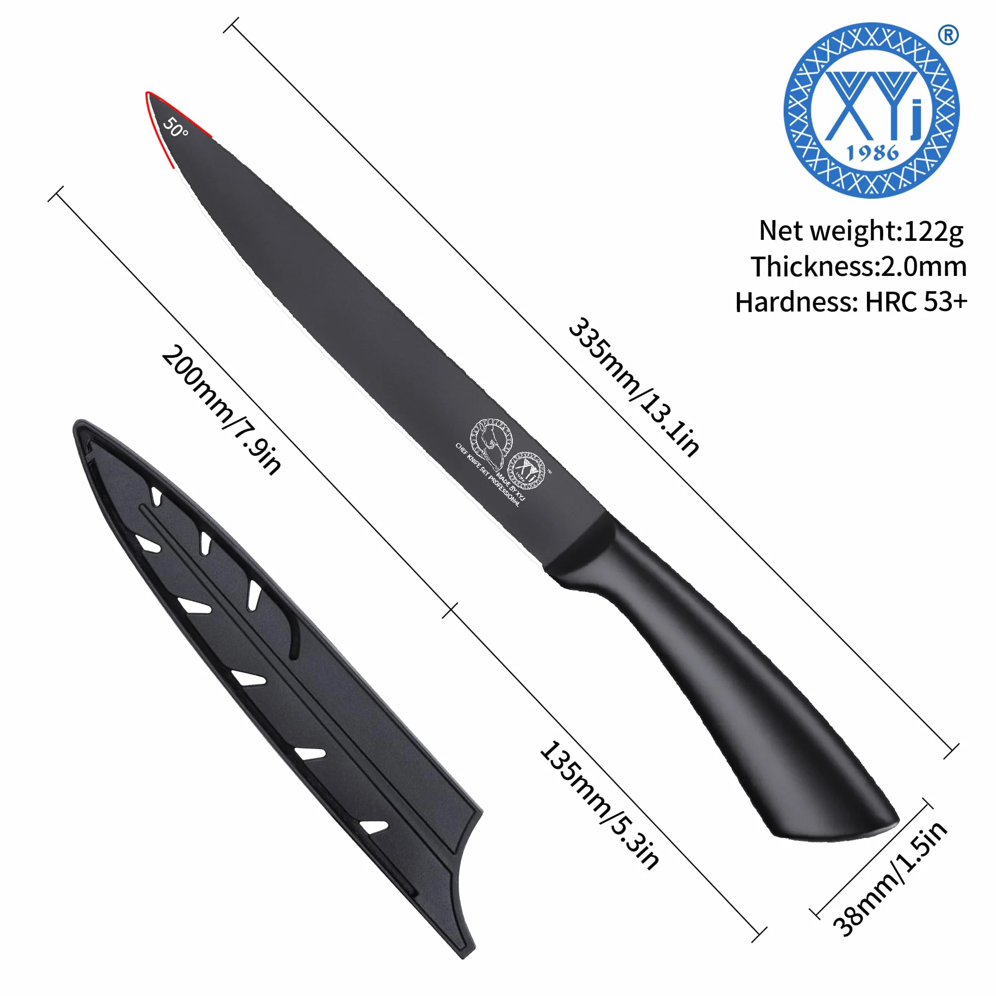 XYJ Kitchen Knife,8 Inch Black Stainless Steel Brisket Knife,Professional Chef Knife,Carving Boning Meat Cleaver BBQ Knife with Ergonomic Handle,Plastic Sheath
