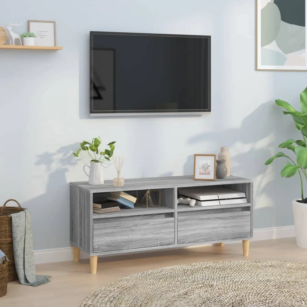 Szafka TV Sonoma szara 100 x 34,5 x 44,5 cm, materiał drewnopochodny, uniwersalna podstawka pod telewizor, trwała szafka na media do salonu, sypialni, uniwersalna konsola multimedialna