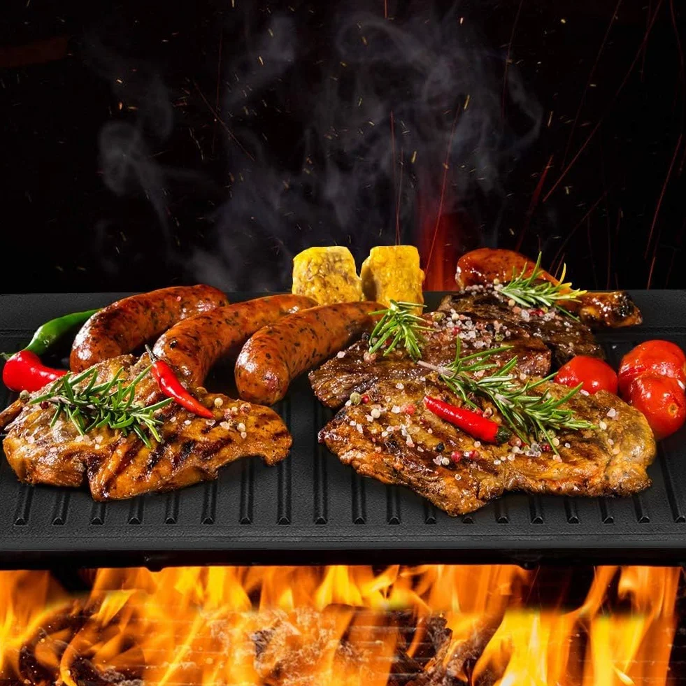 Żeliwna patelnia grillowa odwracalna płyta grillowa gładka żebrowana z uchwytami nieprzywierająca czarna