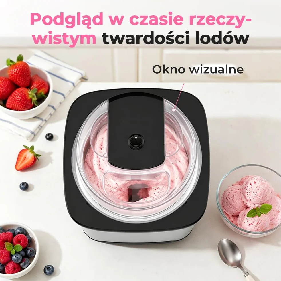 Maszyna do Lodów Miękkich 2L, Stal Nierdzewna z Pokrywką, Zawiera Książkę Kucharską i łyżkę do Lodów, do Przygotowywania Lodów, Mrożonego Jogurtu i Sorbetu