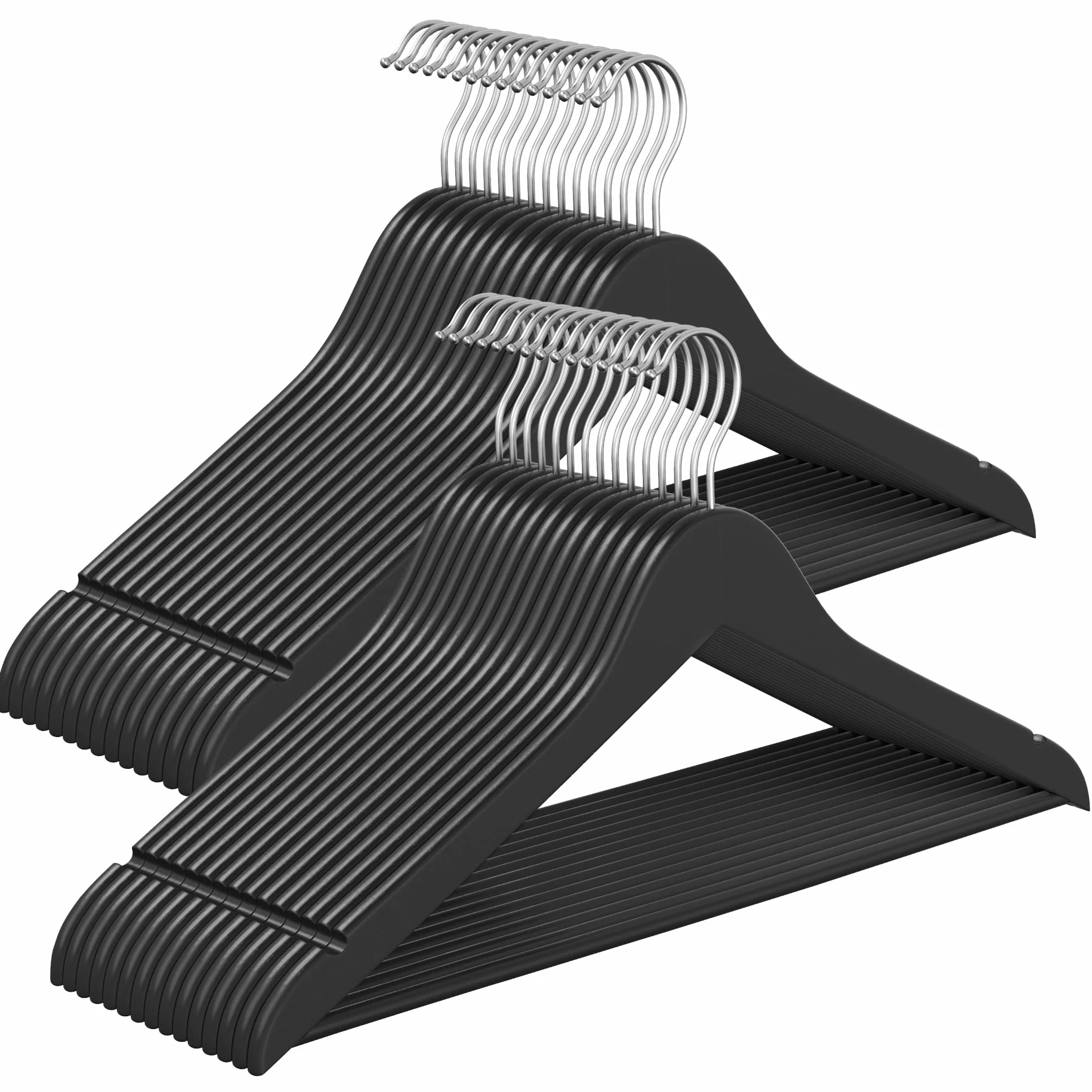 SONGMICS Wieszaki drewniane, 30 sztuk, wąskie wieszaki drewniane, wycięcia na ramiona, wieszaki na spodnie, obrotowy hak 360°, drewno brzozowe, do szelek i kurtek, atramentowo-czarny CRW030B01