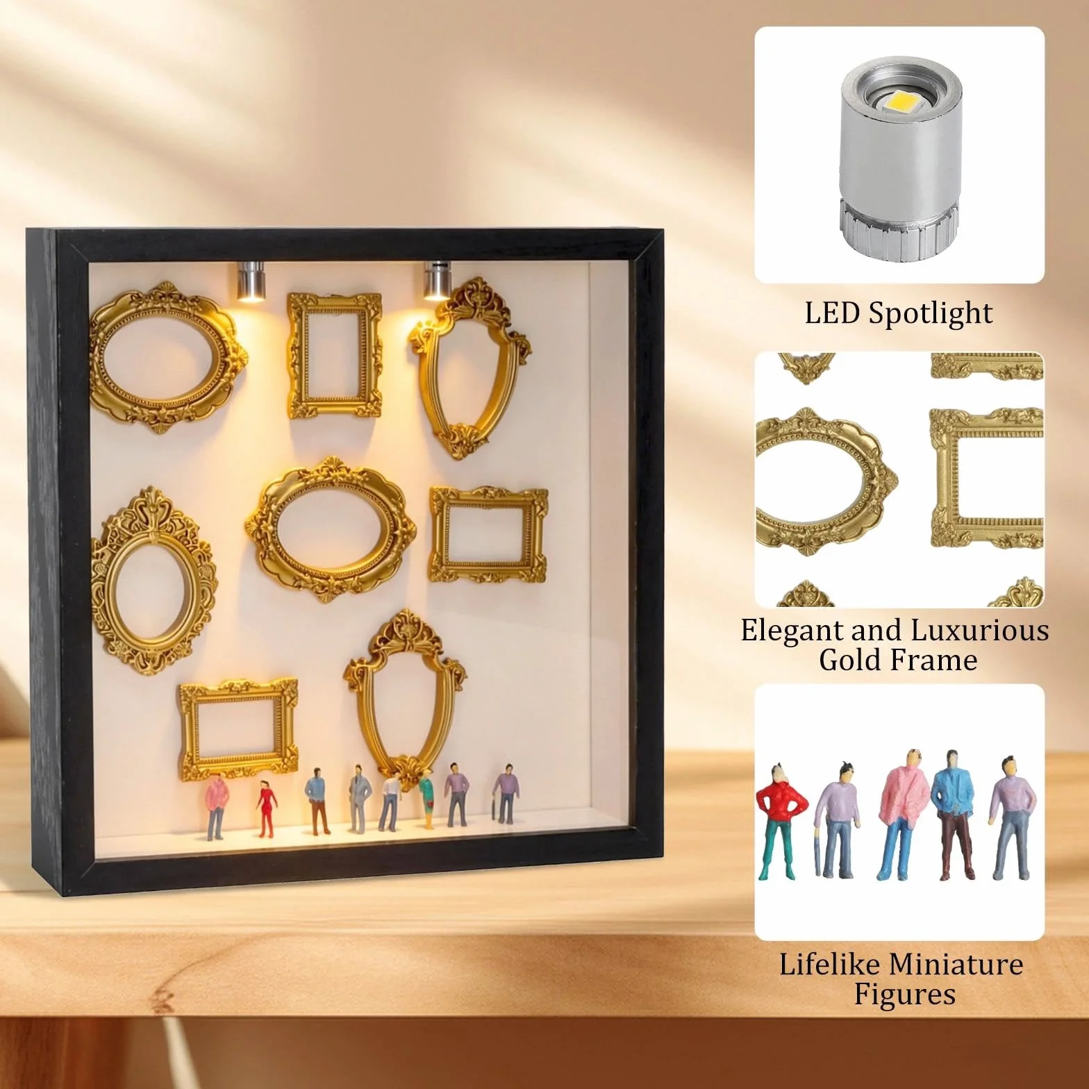 Mini muzeum DIY Silhouette Box, zestaw do ekspozycji zdjęć i wspomnień z 8 mini złotymi ramkami, 10 mini figurkami ludzi, kreatywna ramka na zdjęcia do wypełnienia z oświetleniem LED, na rocznicę