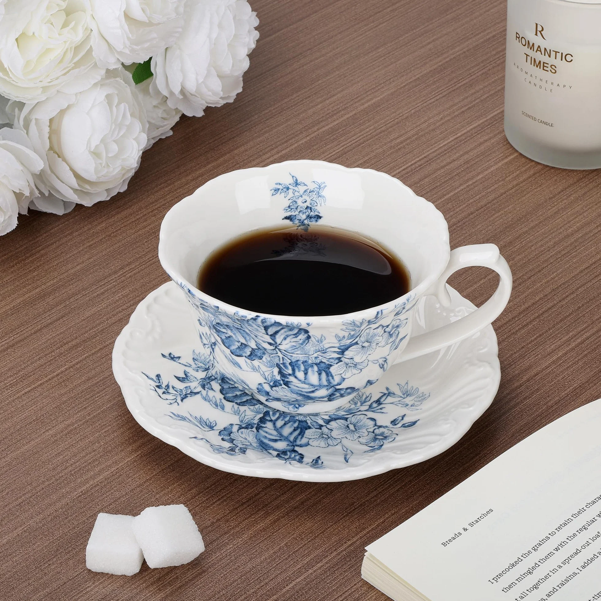 fanquare Vintage zestawy filiżanek i spodków, porcelanowe kubki do herbaty z niebieskimi kwiatami, eleganckie filiżanki do kawy i talerze do przekąsek, prezenty świąteczne 250 ml