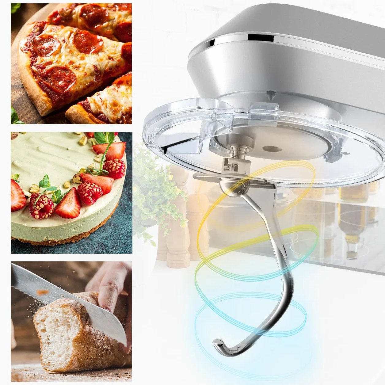 MalTec Planet robot kuchenny | MaltecChef 2200 W maszyna do ugniatania | mieszadło, hak do zagniatania, trzepaczka, ochrona przed pryskaniem | 6 prędkości i 4 funkcje | robot kuchenny SILVER 6 l