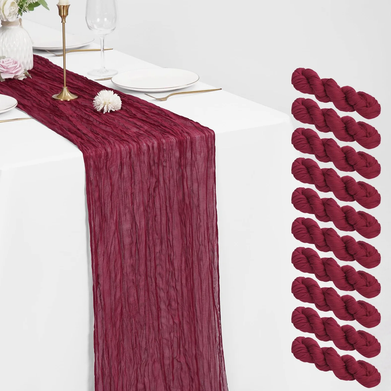 Bieżnik na stół z gazą, burgundowy, 53 x 305 cm, rustykalny bieżnik na stół z gazy boho, romantyczny, długi bieżnik na stół, na ślub, festiwal, rocznicę, kolację i imprezy plenerowe, 10 szt