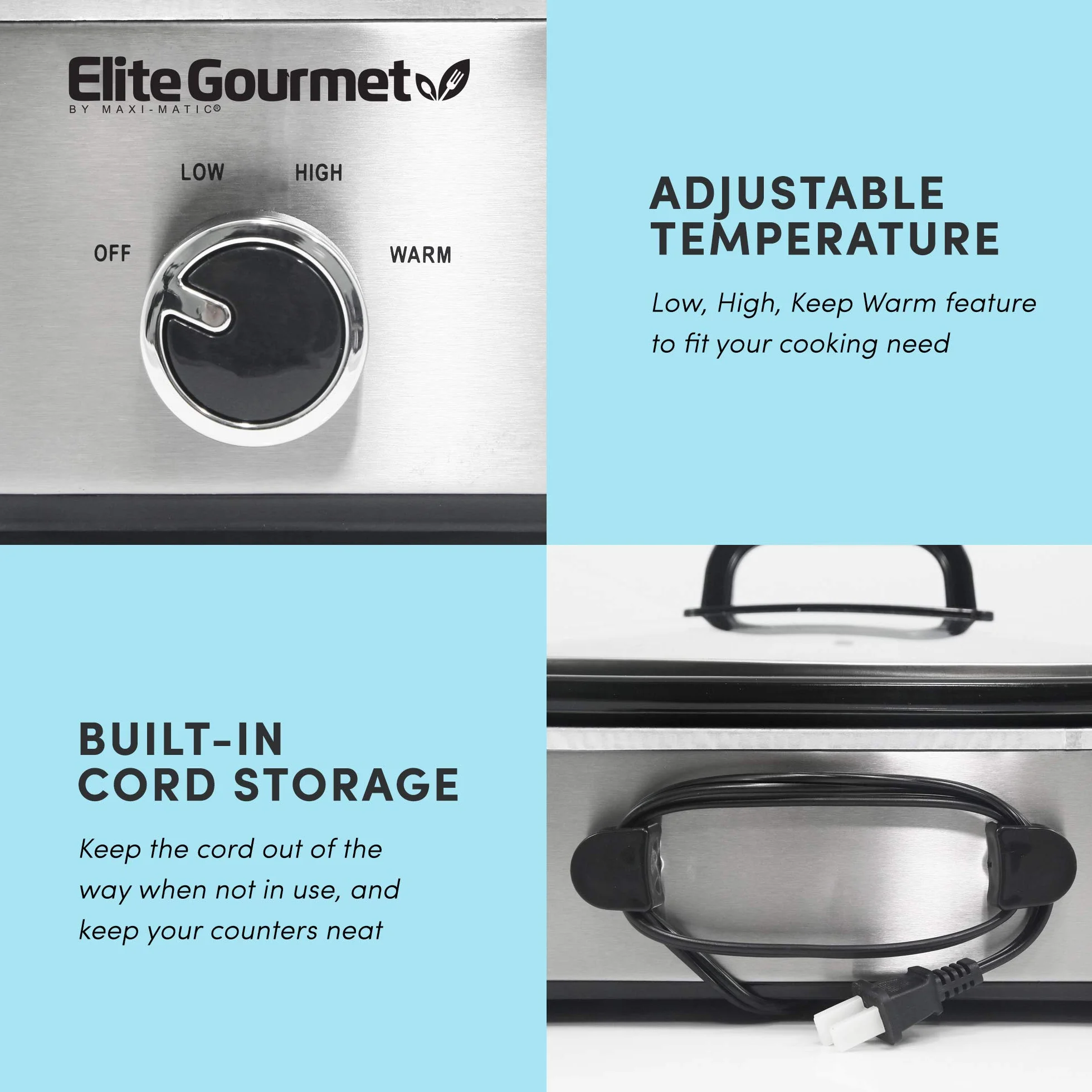 Elite Gourmet MST-5240SS garnek do garnka z zamykaną pokrywką, regulowana temperatura, utrzymuje ciepło, nadaje się do piekarnika i mycia w zmywarce, pojemność 3,3 l, stal nierdzewna