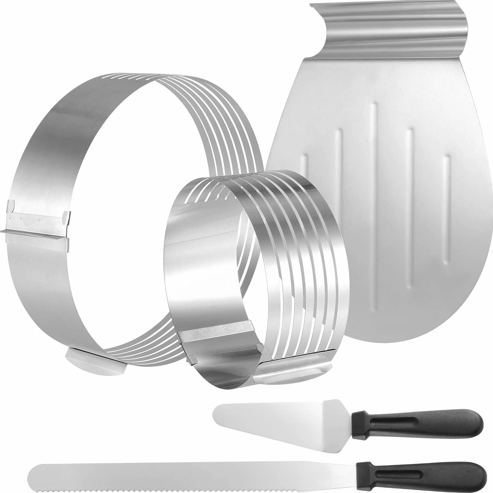 5 Sztuk okr?g?e krajarki do tortów zestaw z 1 no?em cukierniczym, 1 ?opatka do ciasta ze stali nierdzewnej i 1 ?opatka do ciasta, 15-20 cm/25-30 cm, regulowany pier?cie? na tort