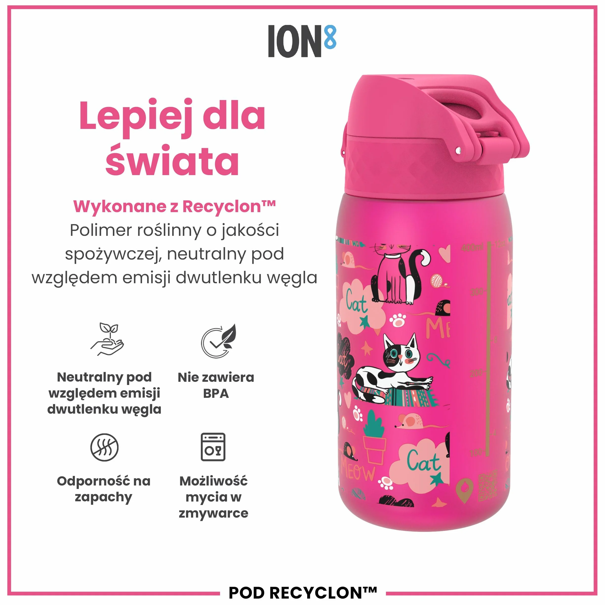 ION8 Butelka dla Dzieci, 350 ml/12 oz, Szczelna, Łatwa do Otwarcia, Bezpieczny Zamek, Można Myć w Zmywarce, Bez BPA, Uchwyt do Przenoszenia, Łatwa do Czyszczenia, Bezwonny, Koty