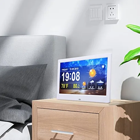 KIMISS 10in WIFI Zegar Pogodowy, 100-240 V Cyfrowy Kalendarz Budzik Biały Data Czas Temperatura Wilgotność Budzik z obsługą Pilota Zdjęcia Filmy Odtwarzanie Muzyki (Wtyczka UE)