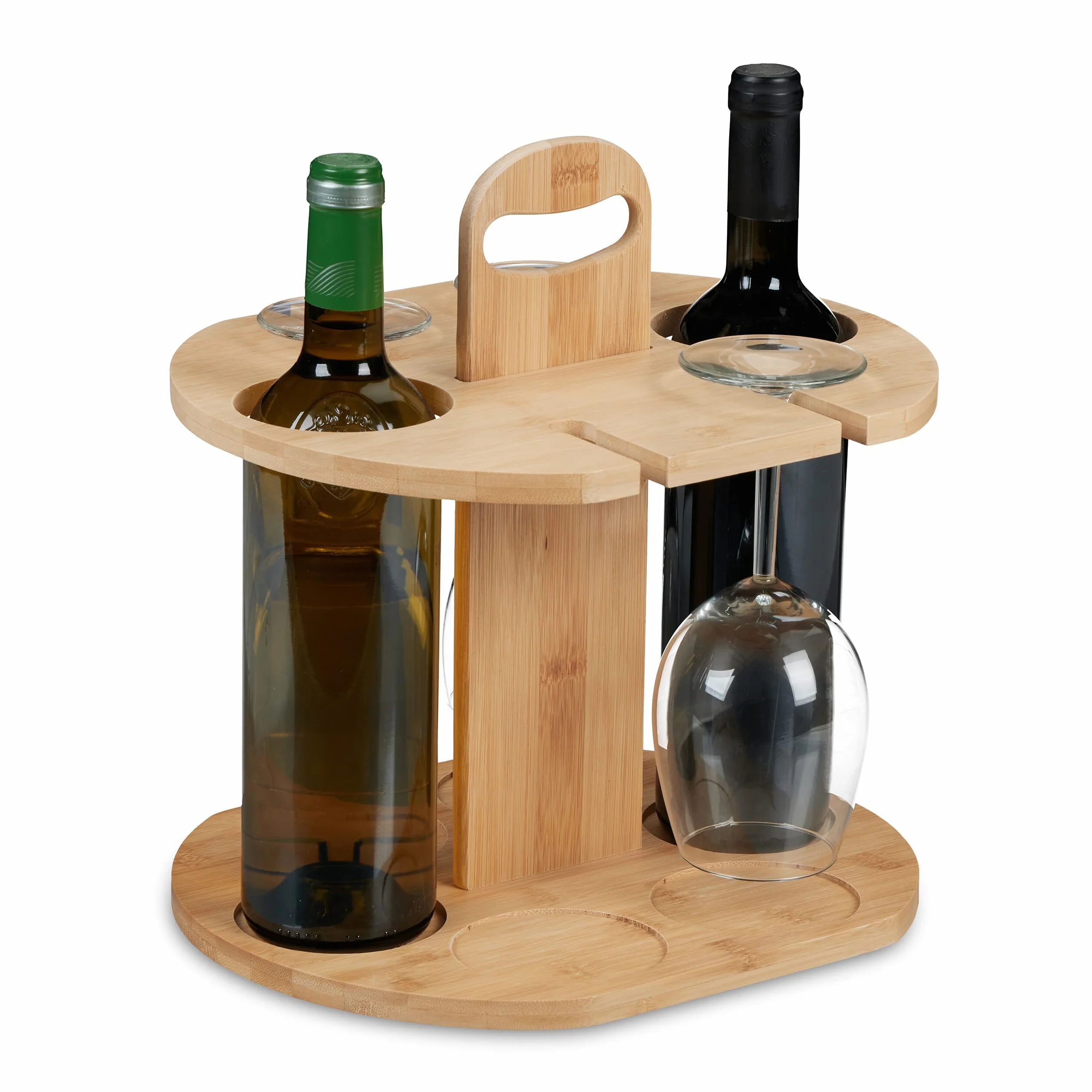 Relaxdays Stojak na wino, bambusowy, stojak na 2 butelki i 4 kieliszki, wys. x gł.: 30,5 x 30 x 25 cm, prezent dla miłośników wina, naturalny