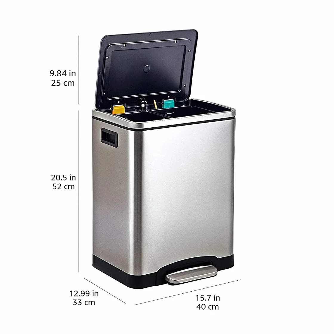 Amazon Basics 30 l prostokątny podwójny pojemnik z miękkim domykaniem z pedałem nożnym - 2 x 15-litrowy pojemnik, stal nierdzewna, kolor srebrny, odpowiedni dla 1 lub 2 osób