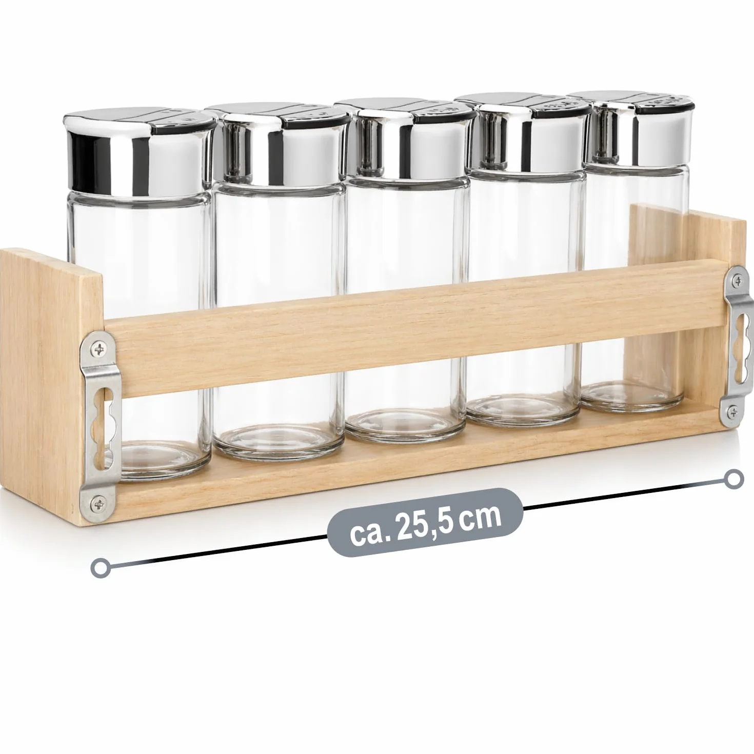COM-FOUR® zestaw 12 dozowników do przypraw, szklane sloiczki z pokrywka w drewnianym stojaku, solniczka i pieprzniczka do kuchni i przechowywania (Zestaw 12 elementów - shaker/pólka)