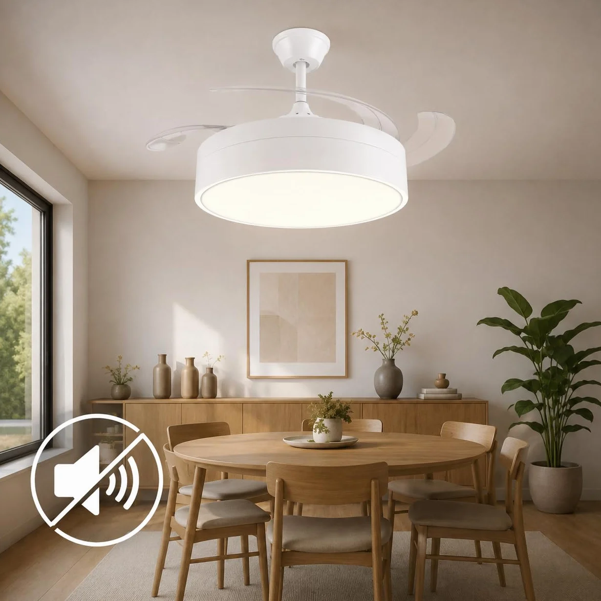M mimotec - Wentylator sufitowy z oświetleniem LED Messe 72W, biały, pilot zdalnego sterowania, niskie zużycie energii, silnik prądu stałego, 6 prędkości, cichy, 4 rozkładane łopatki, funkcja