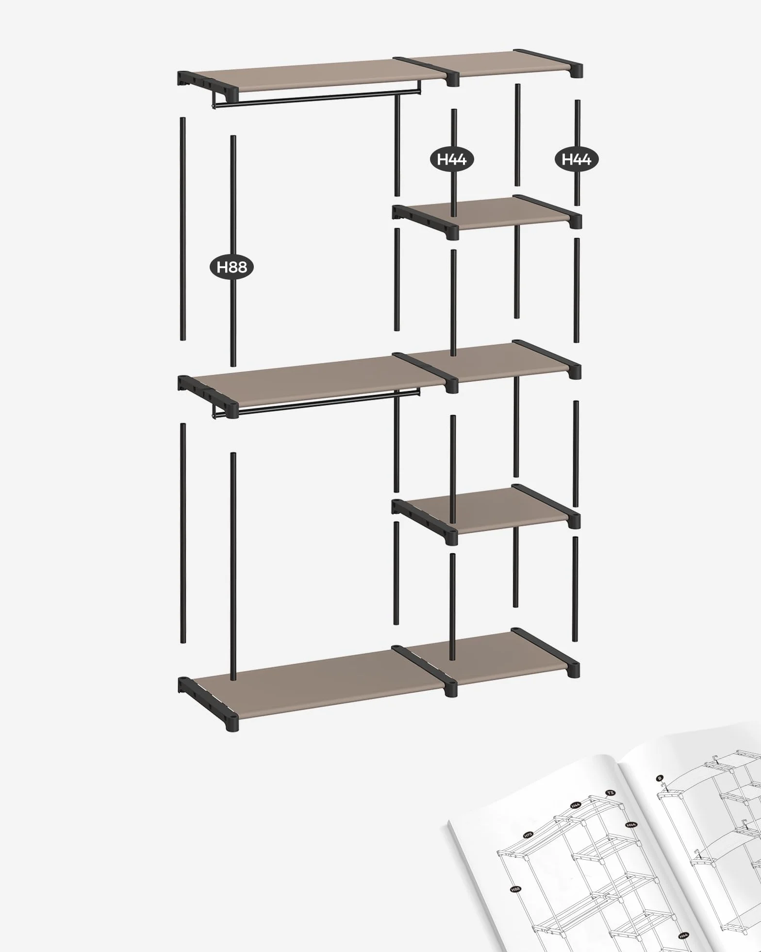 SONGMICS szafa otwarta, szafa wolnostojąca, półka stojąca, wieszak na ubrania z drążkami na ubrania, wieszak na ubrania, garderoba, sypialnia, 43 x 124 x 182 cm, taupe RYG026R02