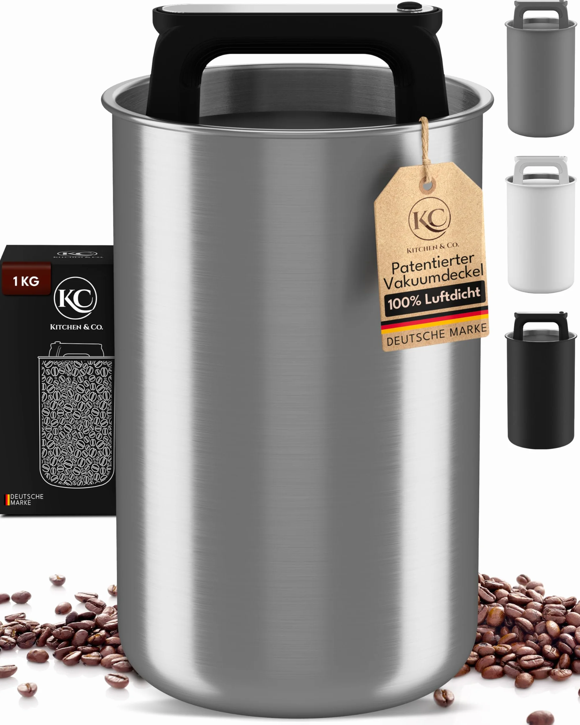 KC Kitchen & Co. Hermetyczny słoik na 1 kg ziaren kawy, słoik ze stali nierdzewnej, z pokrywką próżniową i aromatycznym korkiem, pojemnik na kawę, herbatę, cukier, srebrne płatki śniadaniowe