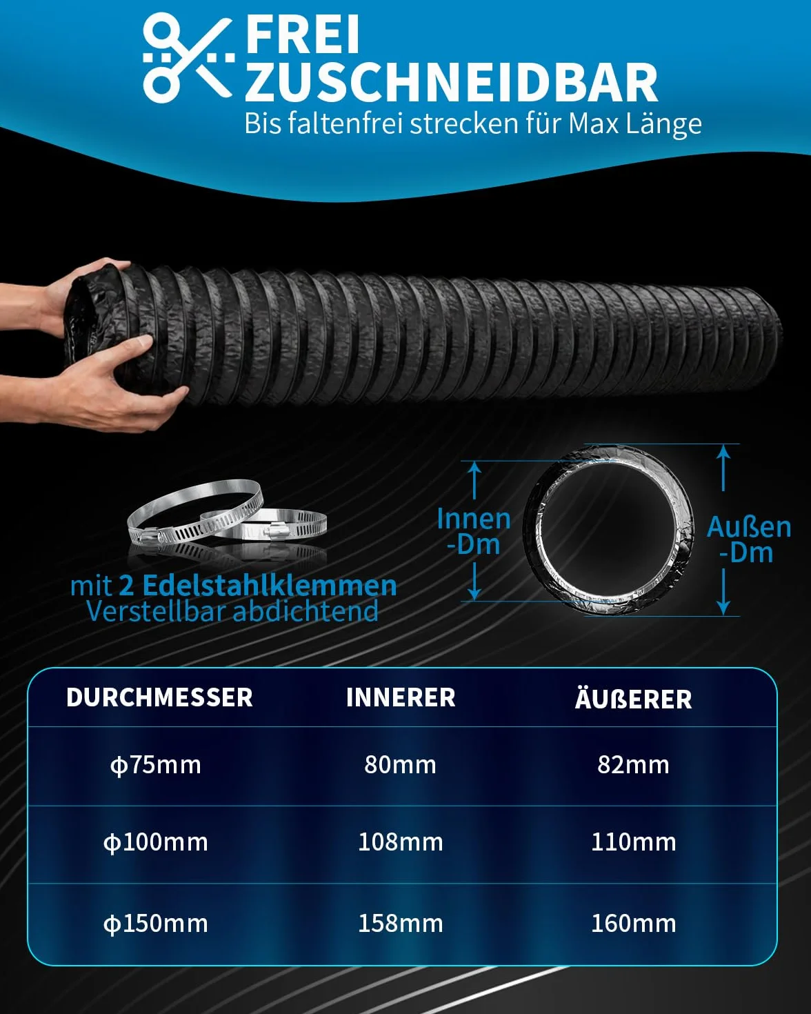 Hon&Guan Elastyczna rura aluminiowa 150 mm, maks. długość 3 m, wąż elastyczny z 2 obejmami do przenośnej klimatyzacji, suszarki, okapu kuchennego i wentylatora wyciągowego (czarny)