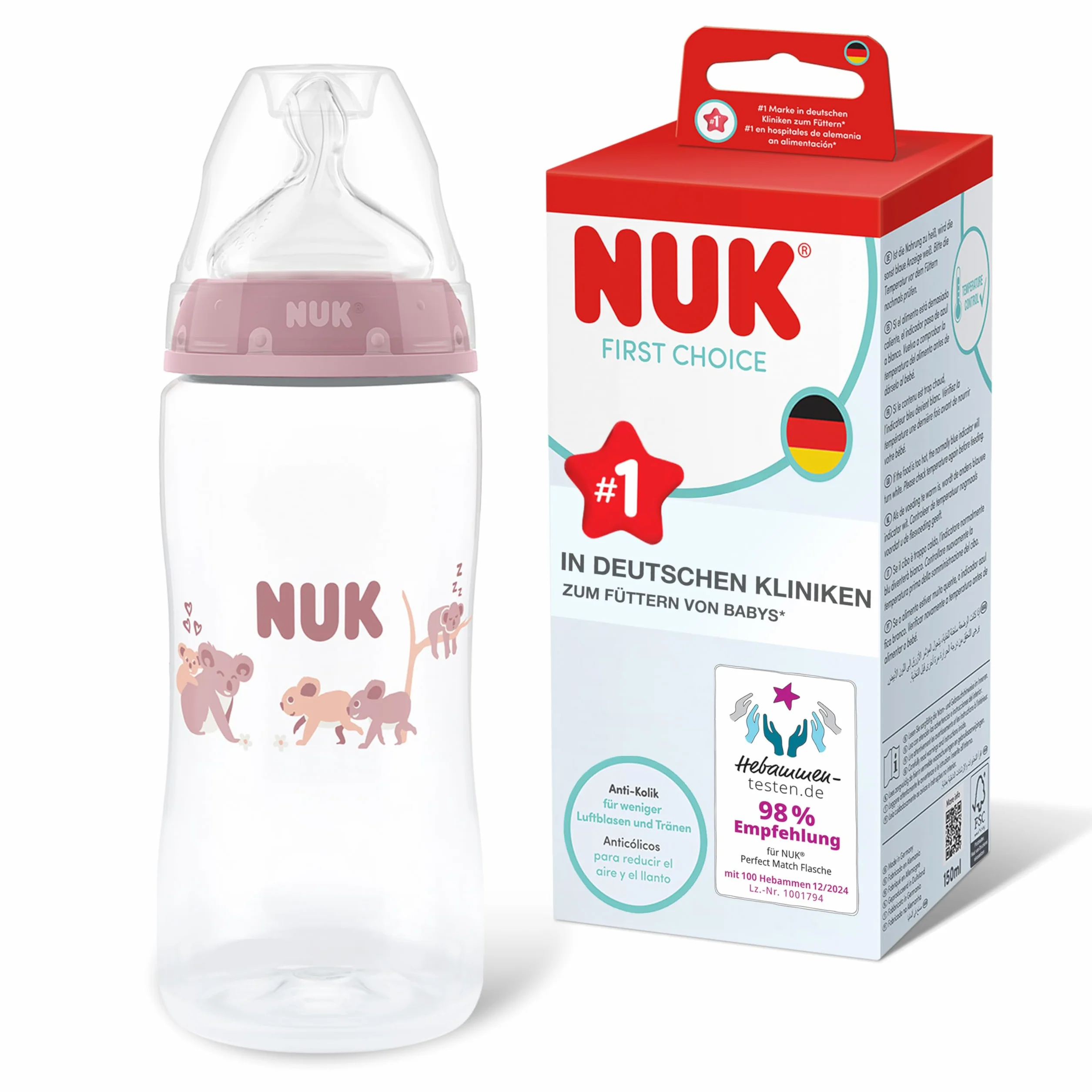 NUK First Choice Butelka dla niemowląt | 3+ miesiące | 300 ml | Butelka przeciwkolkowa | PP | Wskaźnik kontroli temperatury | Koala | 1 sztuka
