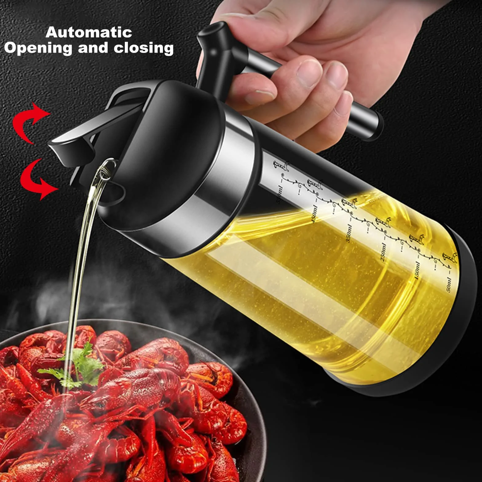 Butelka na olej z automatyczną klapką, 550 ml, szczelny dozownik octu, oleju, wielokrotnego użytku, z pokrywką, na oliwę z oliwek, pusta butelka, ciemna + szczotka do sosów kuchennych