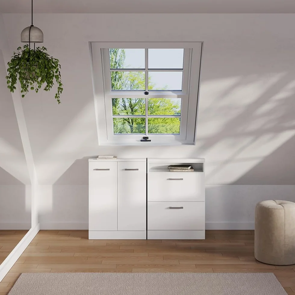 Vicco Szafa skosna Rion, Biały wysoki połysk/Biały, S60 x G46 cm z 2 szufladami, oszczędność miejsca pod skosami