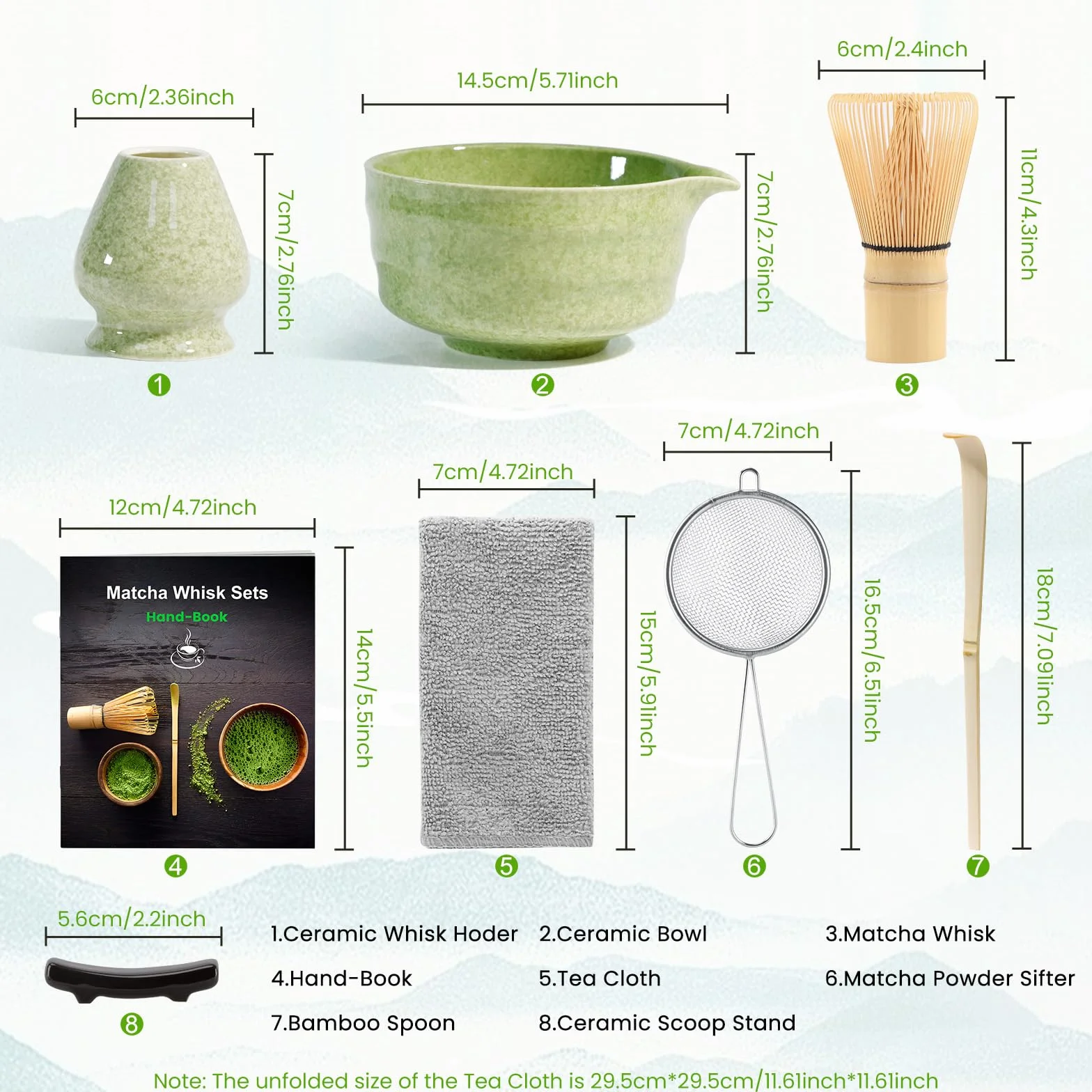 7-częściowy zestaw Matcha, mieszadło z bambusowe, miseczka, naturalna bambusowa szpatułka, sitko, ściereczka, łyżeczka, podstawka pod łyżeczkę, tradycyjna japońska ceremony herbata najlepszy prezent