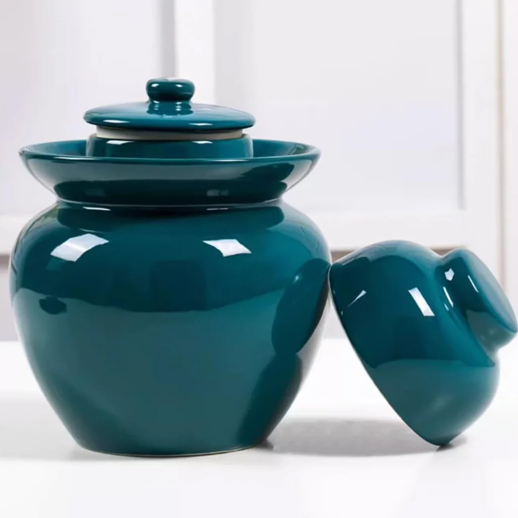 Ceramiczny słoik na ogórki z pokrywkami, duży tradycyjny chiński porcelanowy słoik na ogórki, ceramiczny garnek do fermentacji z pokrywką z uszczelką wodną, zielony garnek na kisz(Niebieski-3,5L