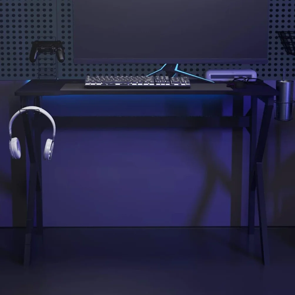 Biurko gamingowe ze stelażem K w kolorze czarnym i czerwonym 110 x 60 x 75 cm, ergonomiczne biurko komputerowe z półką na słuchawki, uchwytem na kontroler i wbudowanym uchwytem na kubek