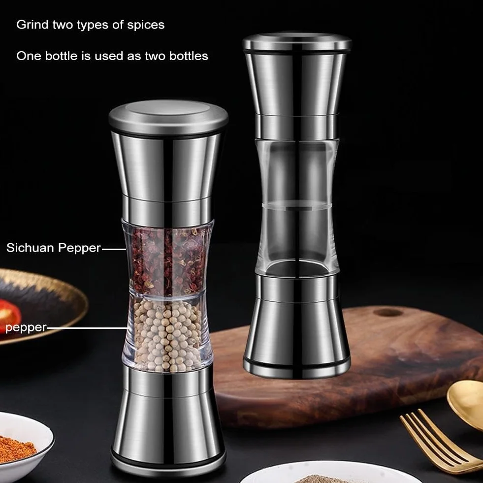 Solniczki i pieprzniczki Młynek do pieprzu Ręczny młynek do soli pieprzowej Dwugłowy zaawansowany młynek ze stali nierdzewnej Butelka do pieprzu Gadżety kuchenne