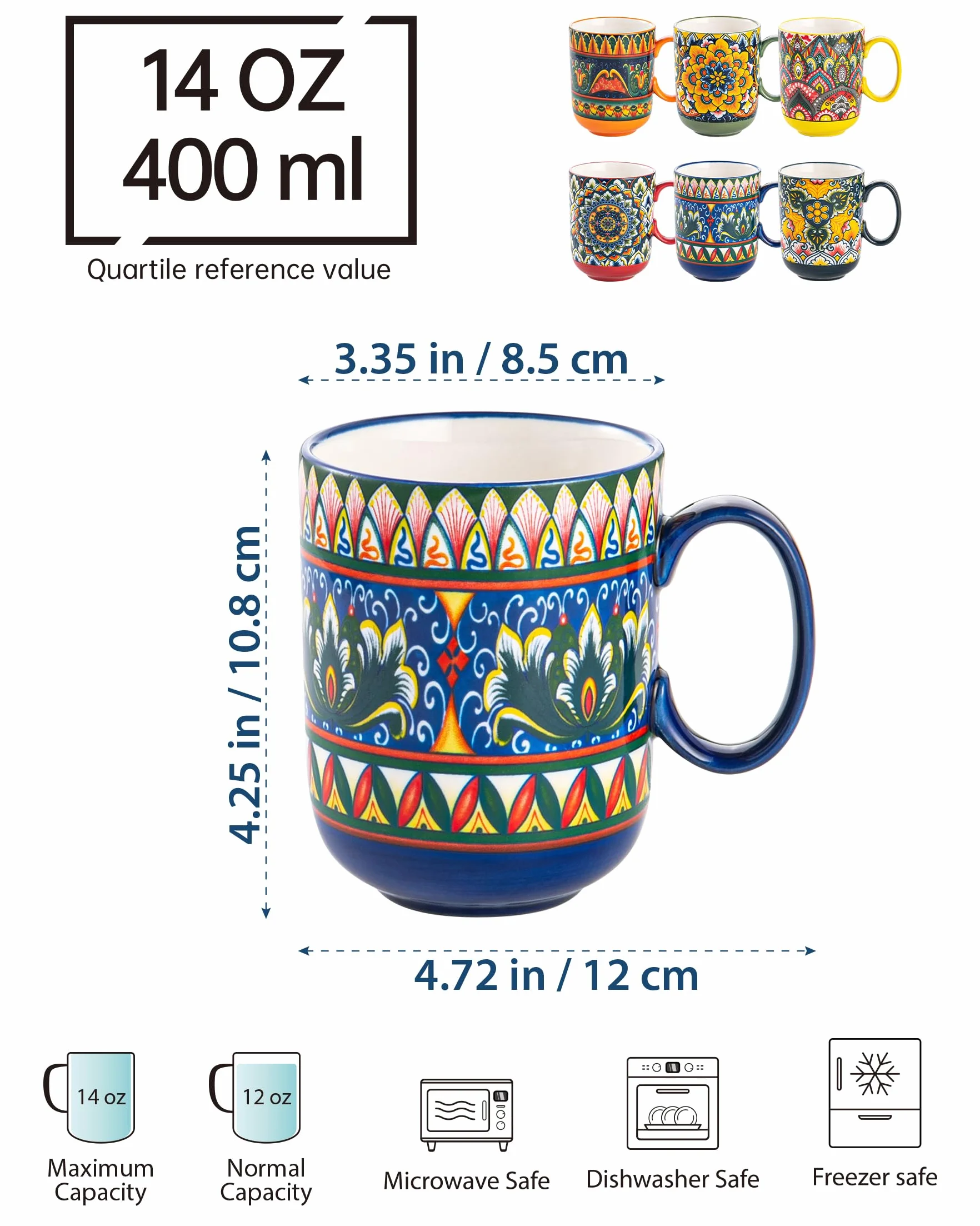 Zestaw 6 filiżanek do kawy, z uchwytem, 410 ml, porcelanowe filiżanki do herbaty, kawy, mleka, cappuccino, kolorowe, 6 sztuk w opakowaniu - styl boho