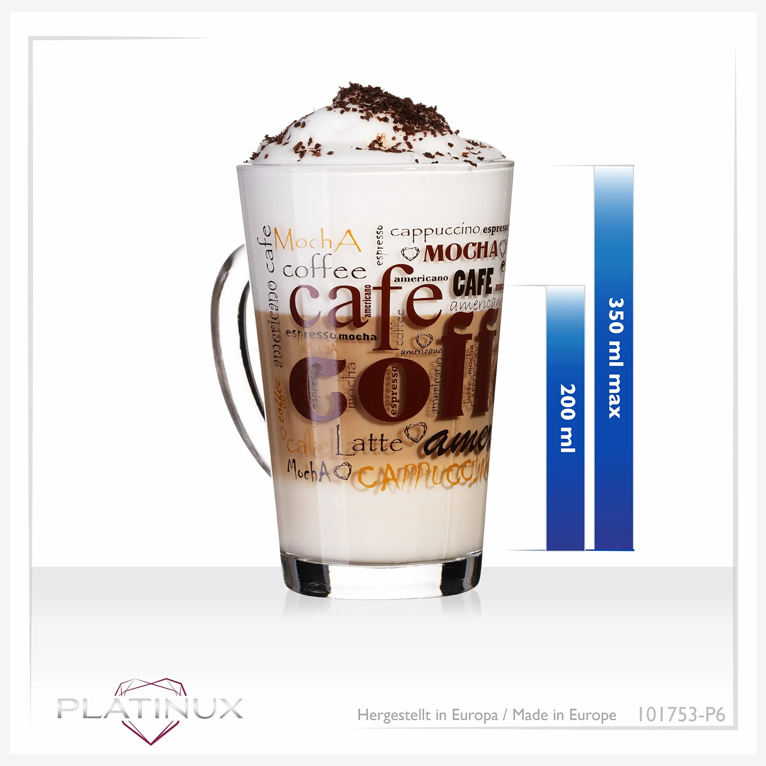 Zestaw szklanek do kawy PLATINUX z motywem max. 350ml, 6-częściowy, ze szkła; szklank do latte macchiato z uchwytem, szklank do cappuccino