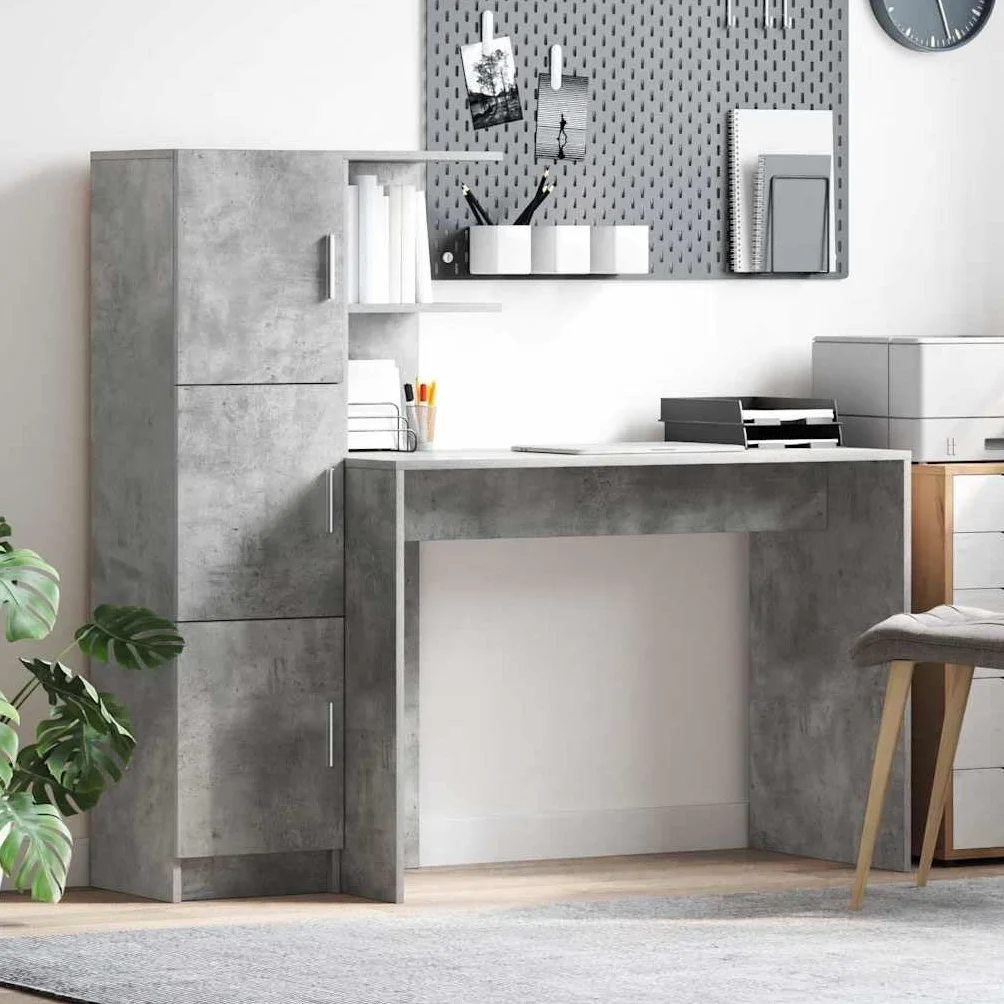 2-częściowy zestaw biurka betonowego z materiału drewnopochodnego z wysoką szafką 133,5 x 50 x 124 cm, drzwi na zawiasy, miejsce do przechowywania do biura, biura, laptopa, monitora