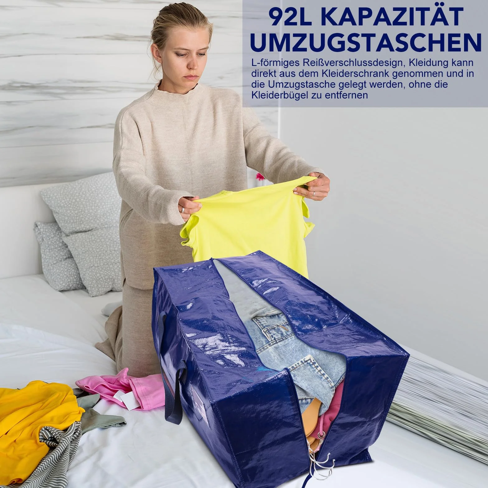 Dntorx 4 sztuki toreb do przechowywania, 92 l, ciężkie kartony, duże torby do przeprowadzki z pasami do plecaka, składane pudełko do przechowywania z zamkiem błyskawicznym, na kemping, pościel, do