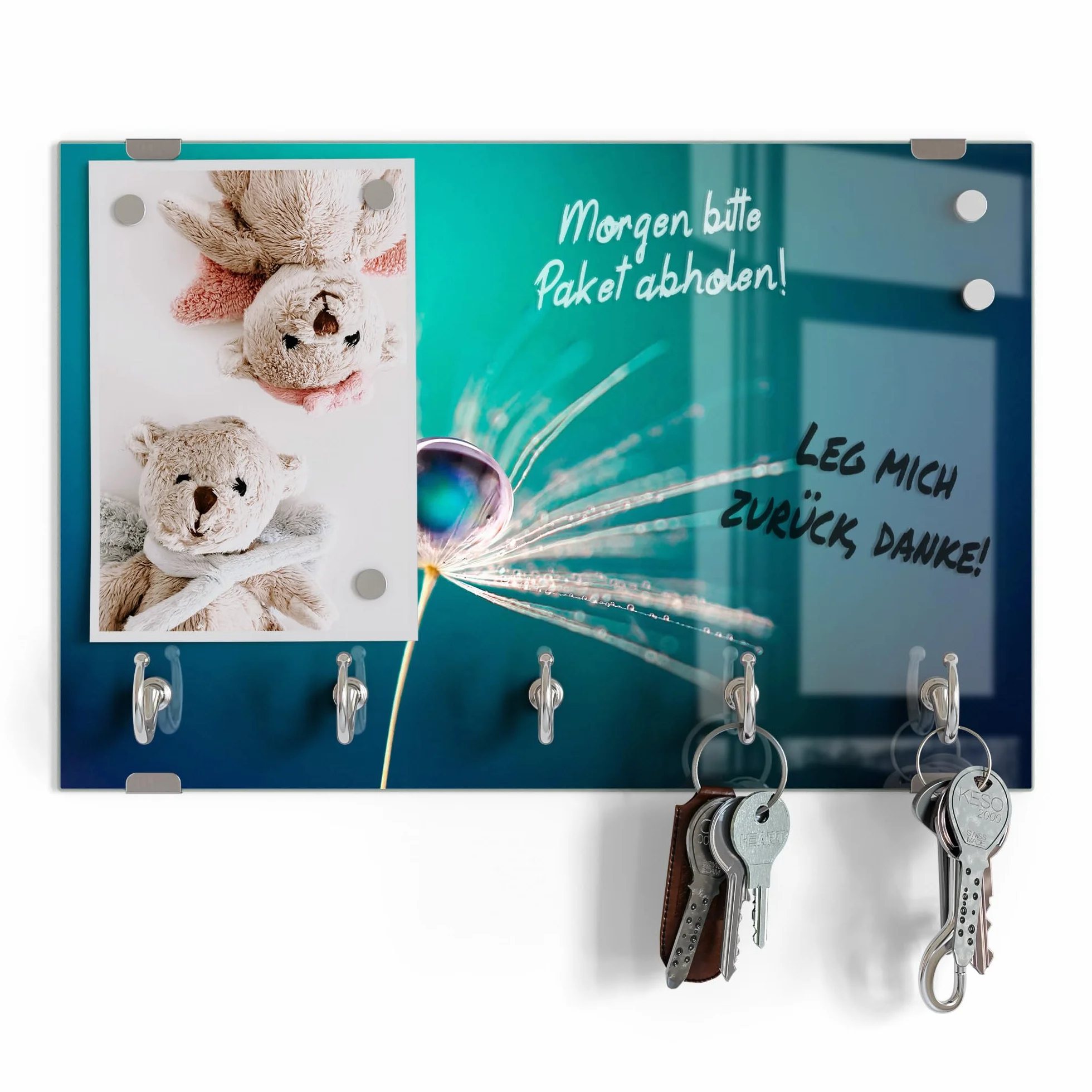 DEQORI Tablica na klucze ze szkła | motyw nasion z kroplami wody | ok. 30 x 20 cm | z 5 haczykami, magnetyczna – nowoczesne przechowywanie kluczy i uchwyt na klucze do korytarza, biura, kluczy i