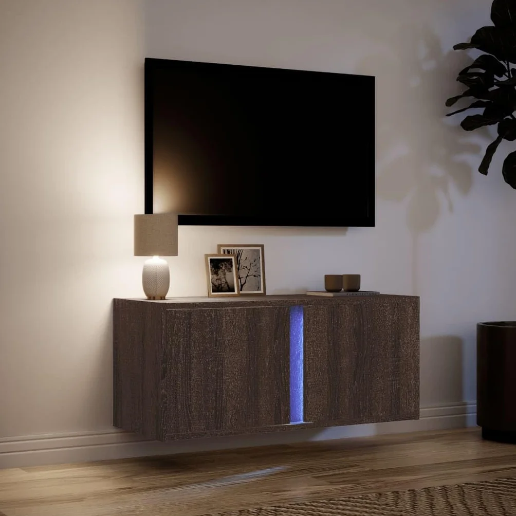 Szafka ścienna z oświetleniem LED, imitacja dębu, 80 x 31 x 35 cm, do salonu, sypialni, schowka, nowoczesna, media