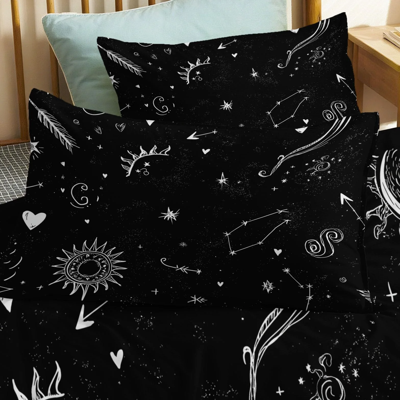 Czarna pościel 220 x 240 cm, poszewka na kołdrę z mikrofibry, z zamkiem błyskawicznym – motyw niebiański zodiaku, słońce, księżyc, oddychająca poszewka na kołdrę, zestaw 3-częściowy, dla niemowląt