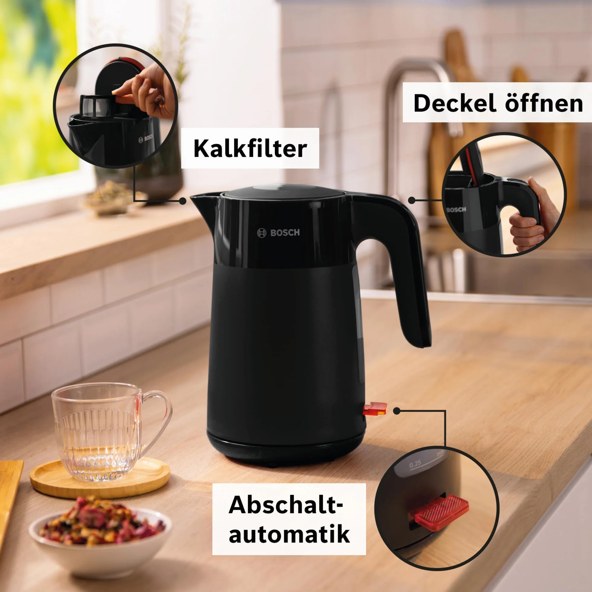 Bosch MyMoment TWK2M163 czajnik elektryczny - duży otwór - potrójne zabezpieczenie - filtr osadzający się - pojemność 1,7 l, wysokiej jakości tworzywo sztuczne, kolor: czarny