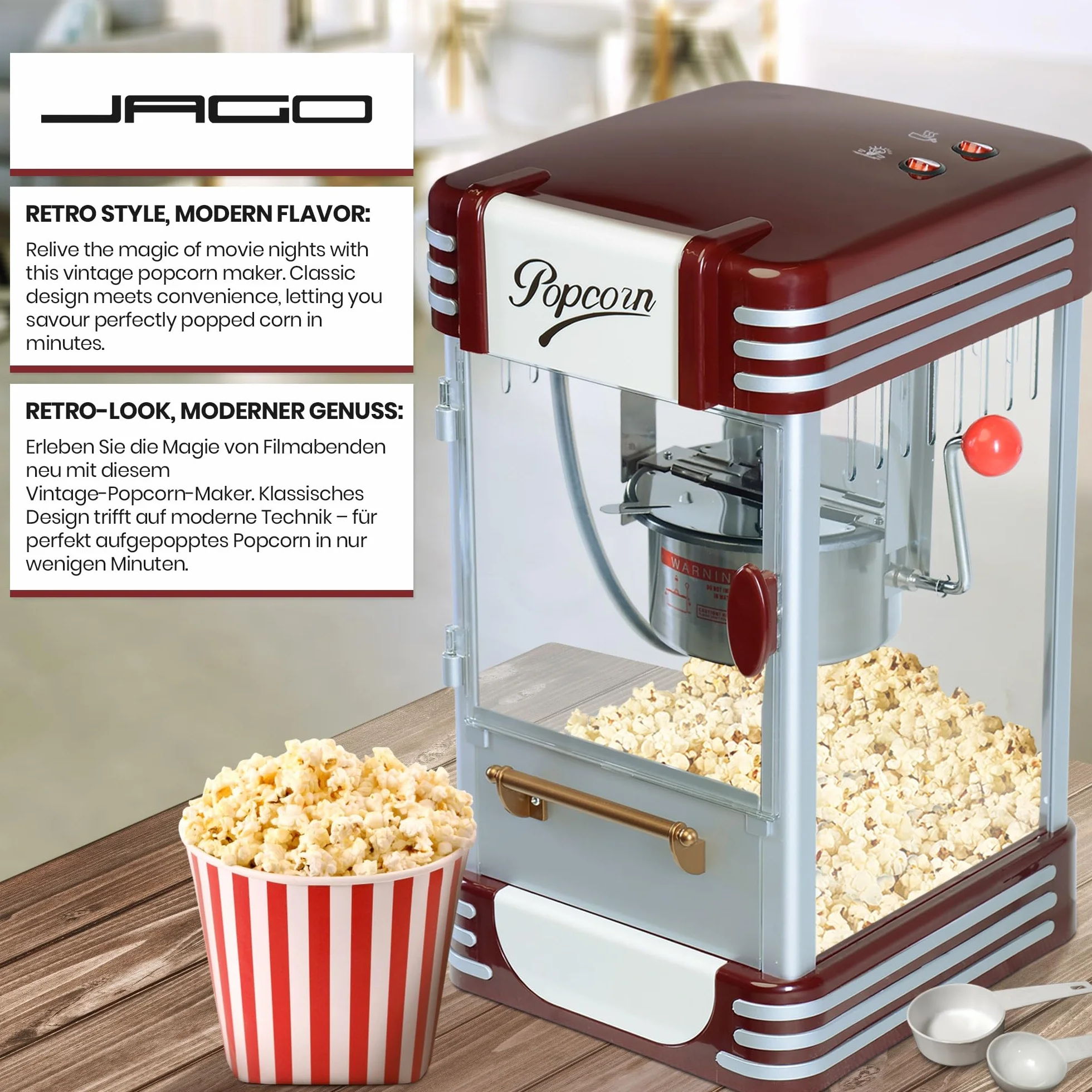 Jago® Maszyna do popcornu retro – 60 l/h, 200 g/10 min, garnek ze stali nierdzewnej, do słonego popcornu – wygląd w stylu lat 50., profesjonalna maszyna robienia, automat