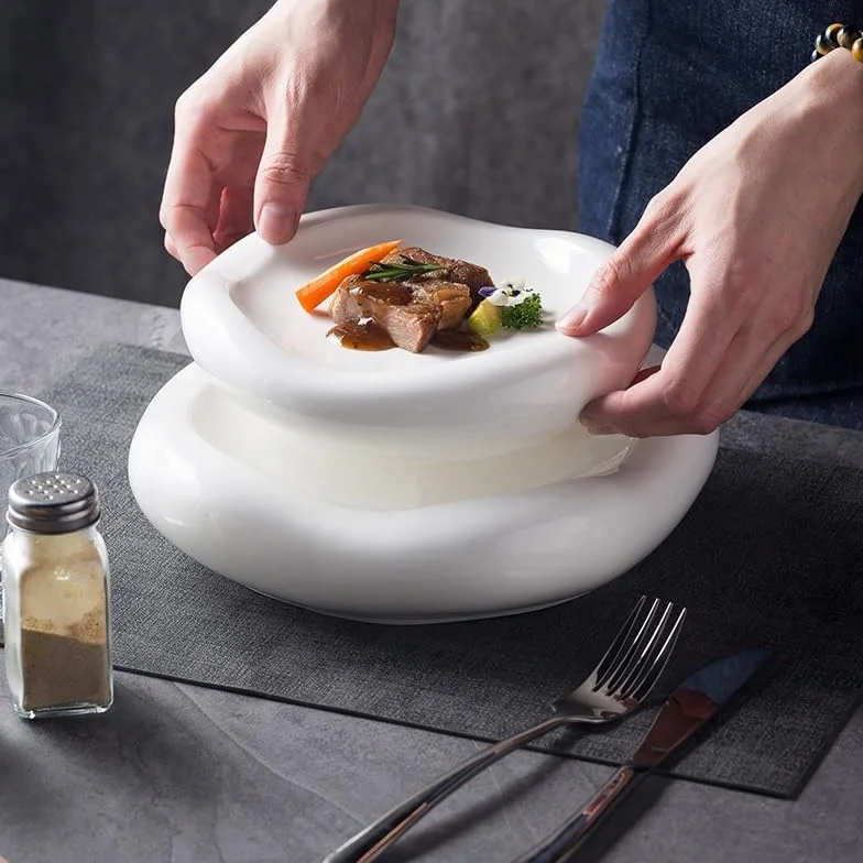 Kreatywne ceramiczne talerze obiadowe do zachodniego hotelu, restauracji, specjalny kształt, biała chmura, artystyczny design, deser, ciasto, czysta zastawa stołowa salaterka kuchenna