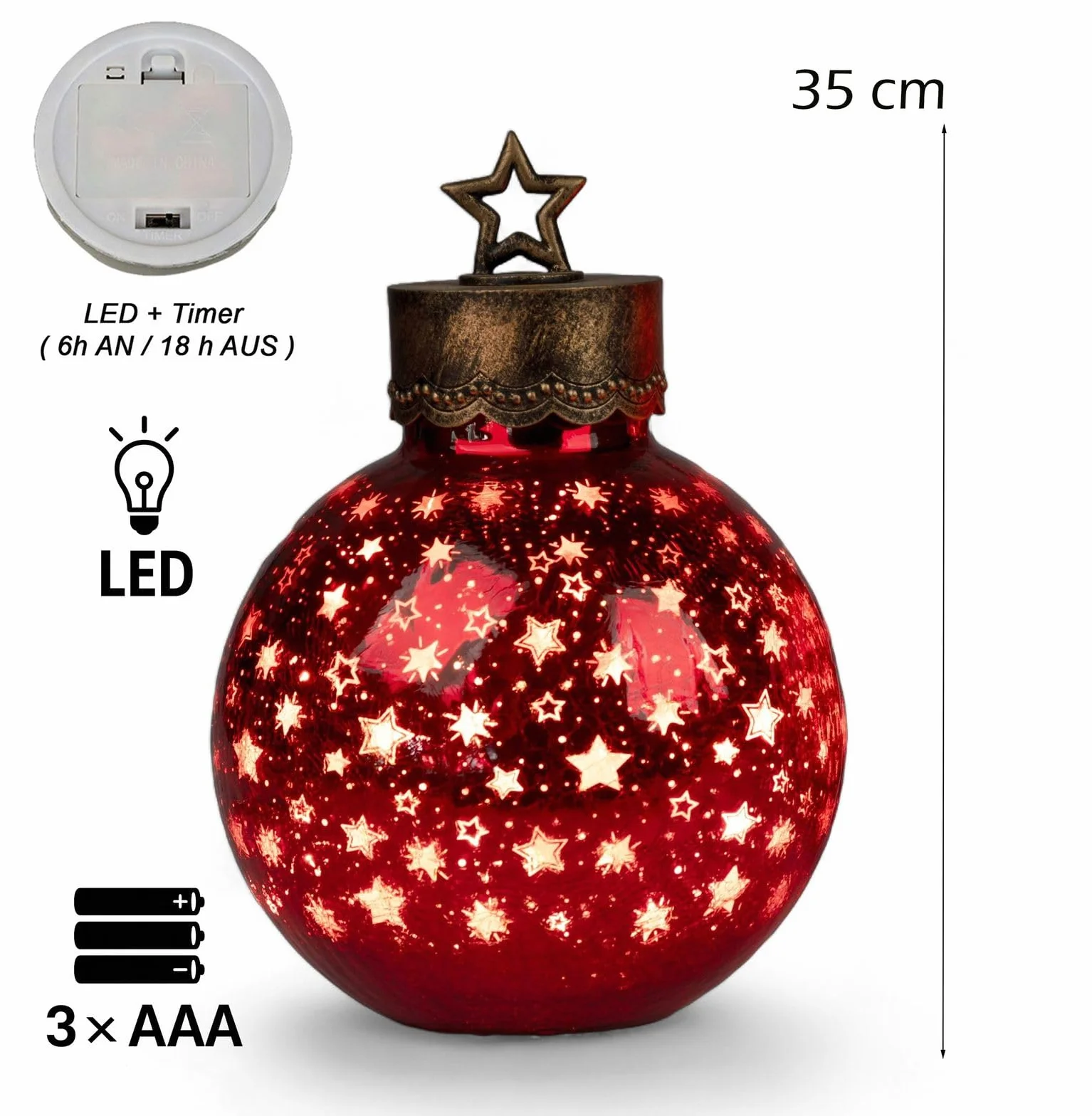 Formano XXL LED Dekoracyjna kula 35 cm Gwiazdy Czerwone Szklana kula Timer 6h/18h podświetlana zasilana bateriami