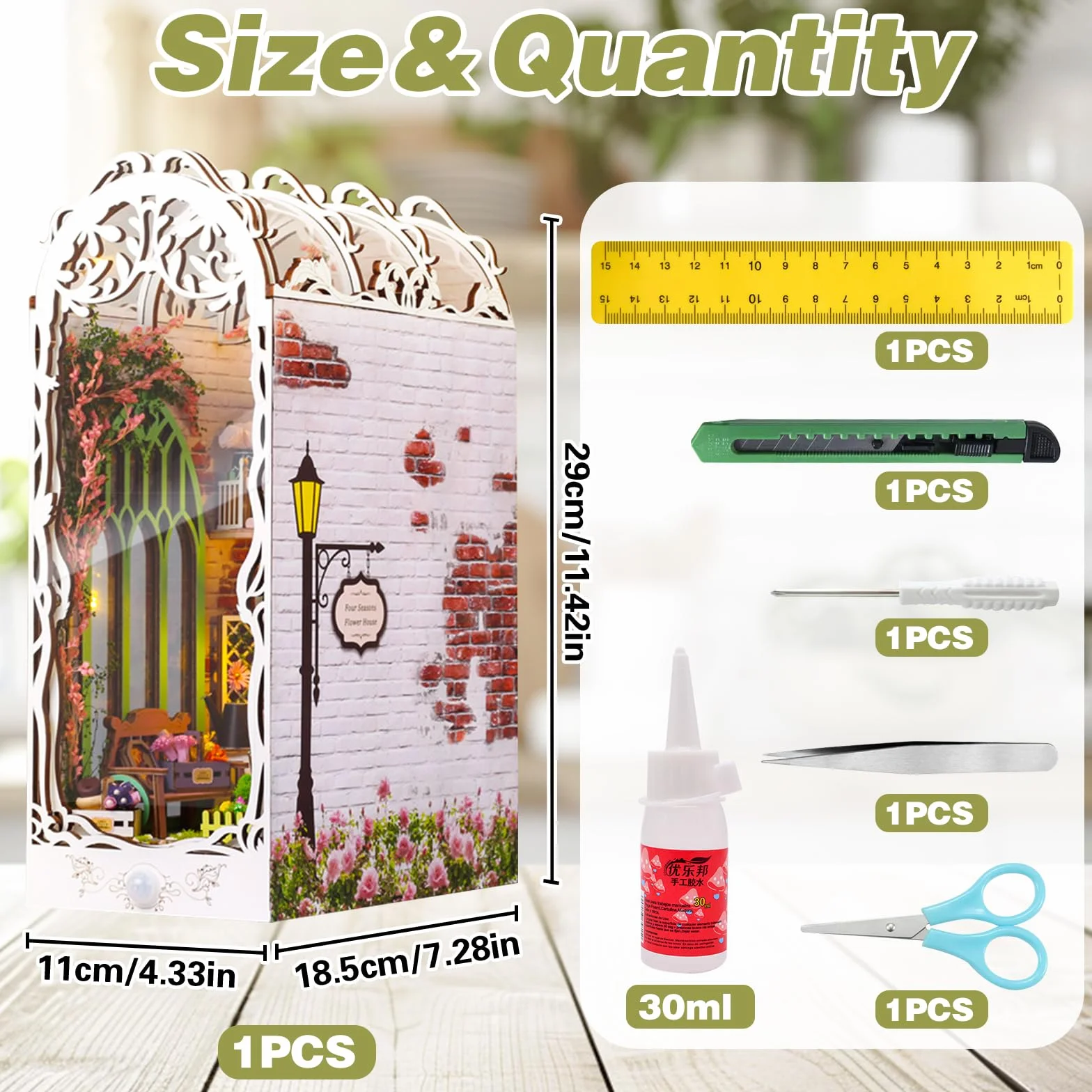 DIY Book Nook Kit: Miniaturowy Domek dla Lalek, Drewniane Puzzle 3D, Podpórka na Książki do Dekoracja Regału, Prezent dla Młodzieży i Dorosłych (z Osłoną Przeciwpyłową i Oświetleniem LED)