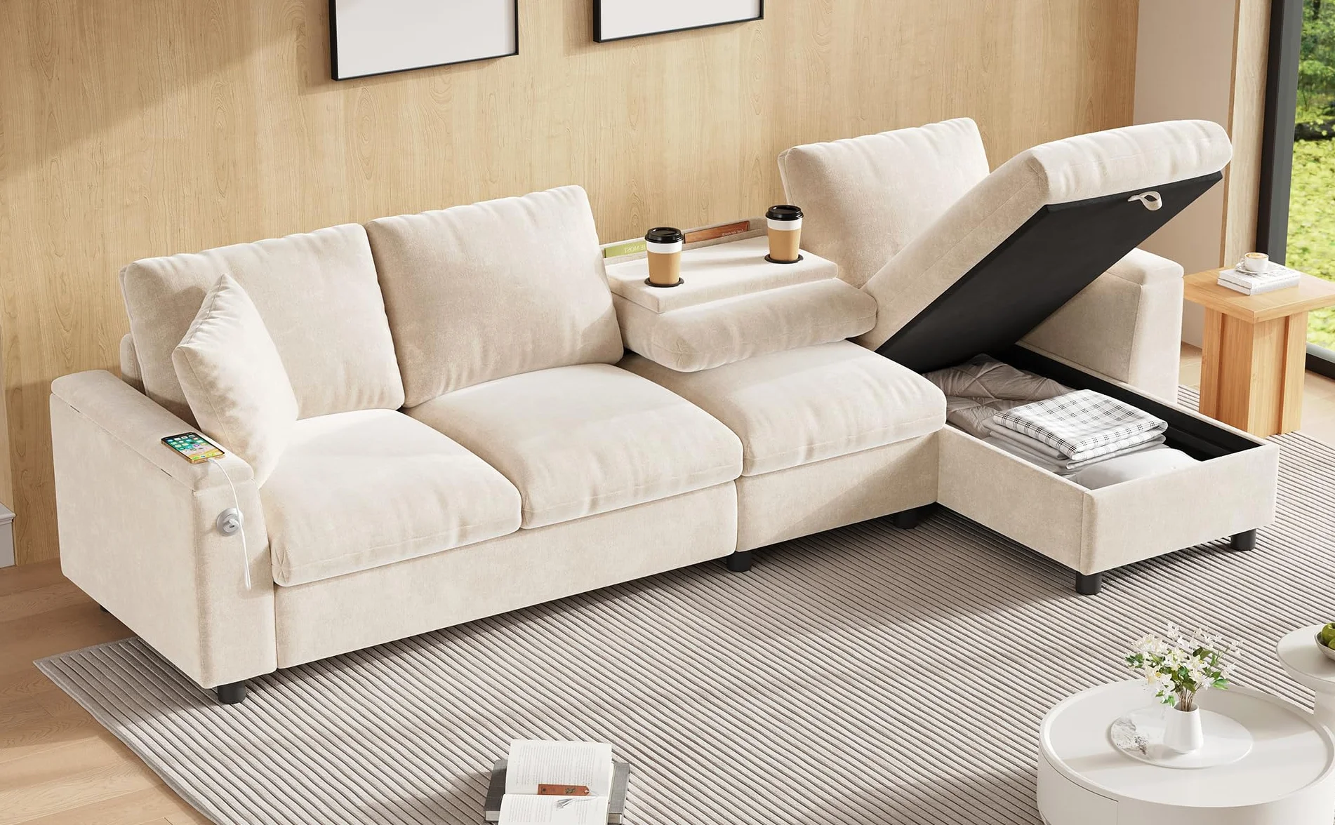 Sofa narożna L z funkcją spania, szenilowa, z miejscem do przechowywania + stolik kawowy, USB-C
