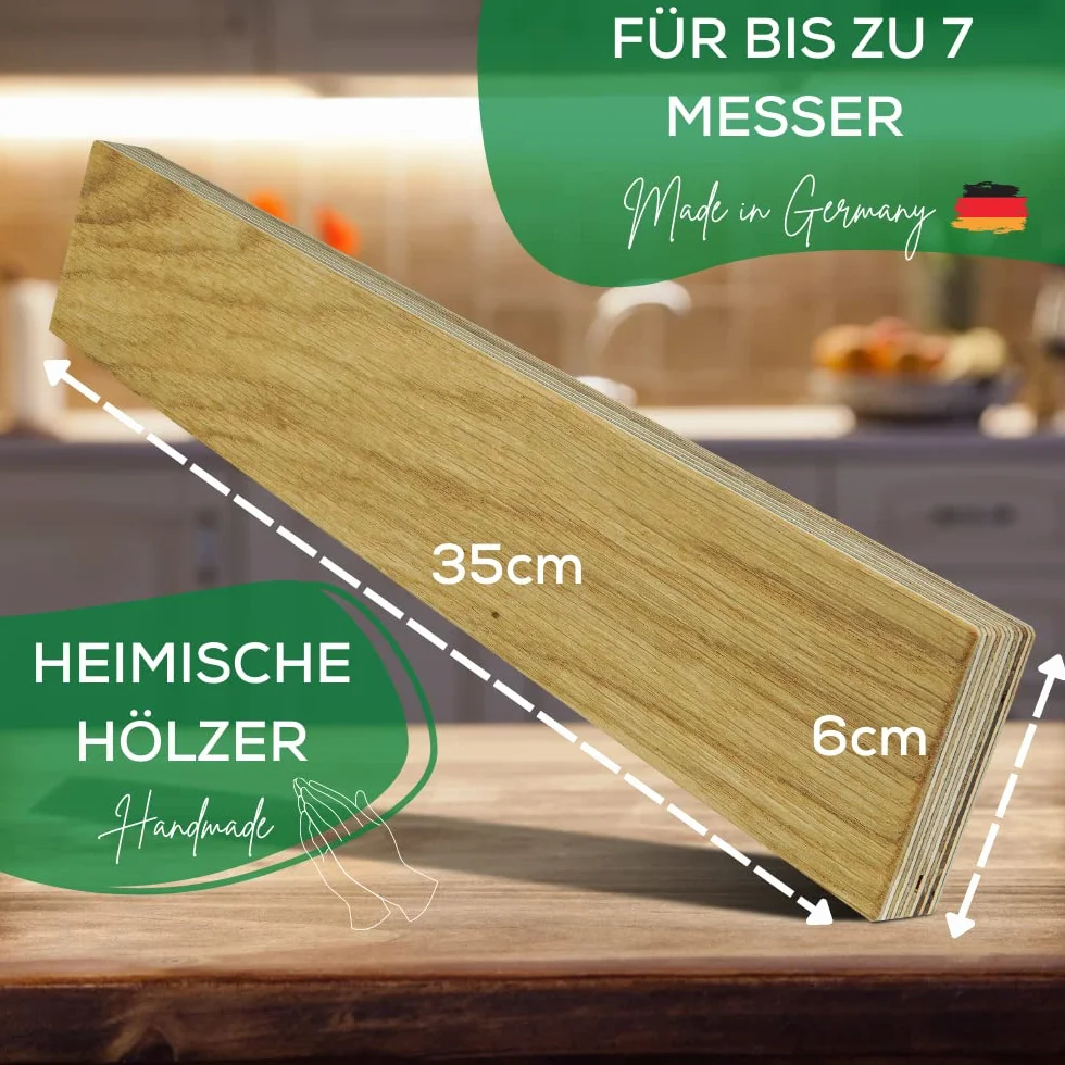 Thiru Listwa magnetyczna premium na noże – Made in Germany z ręcznego wykonania – bardzo mocny uchwyt na noże, magnetyczny z niemieckiego buku, dębu lub orzecha, 35 x 6 cm, w zestawie akcesoria