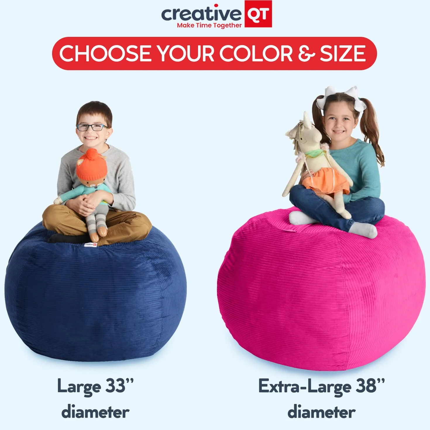 Creative QT Stuff 'n Sit bardzo duży worek do siedzenia 92 cm, pokrowiec do przechowywania wypchanych zwierząt i zabawek, fioletowy nadruk jednorożca, organizer do pokoju dla małych dzieci i dzieci,