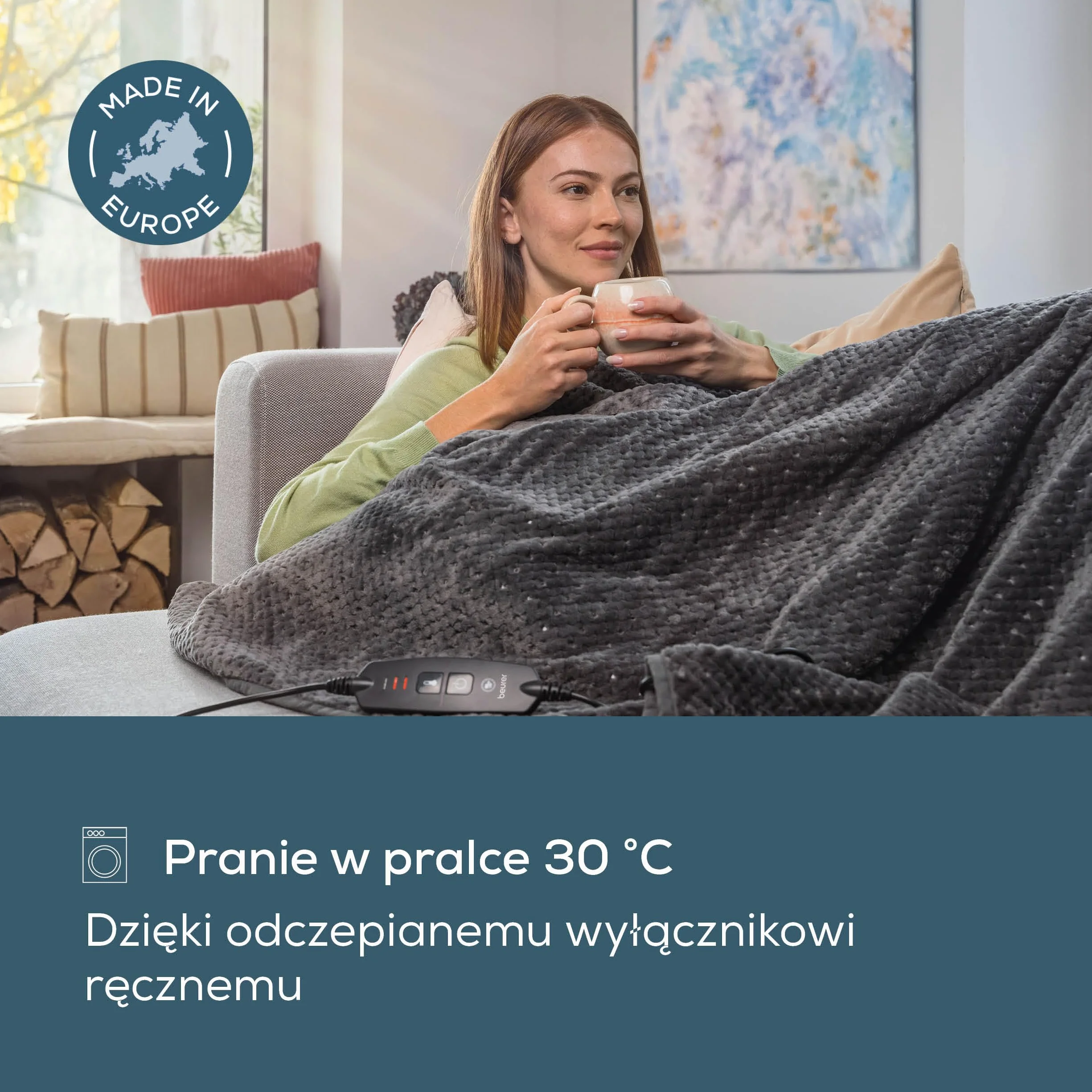 Beurer HD 65 koc elektryczny, przytulny koc grzewczy z 3 poziomami temperatury, z automatycznym wyłączaniem i systemem bezpieczeństwa, nadający się do prania w pralce, made in Europe, szary