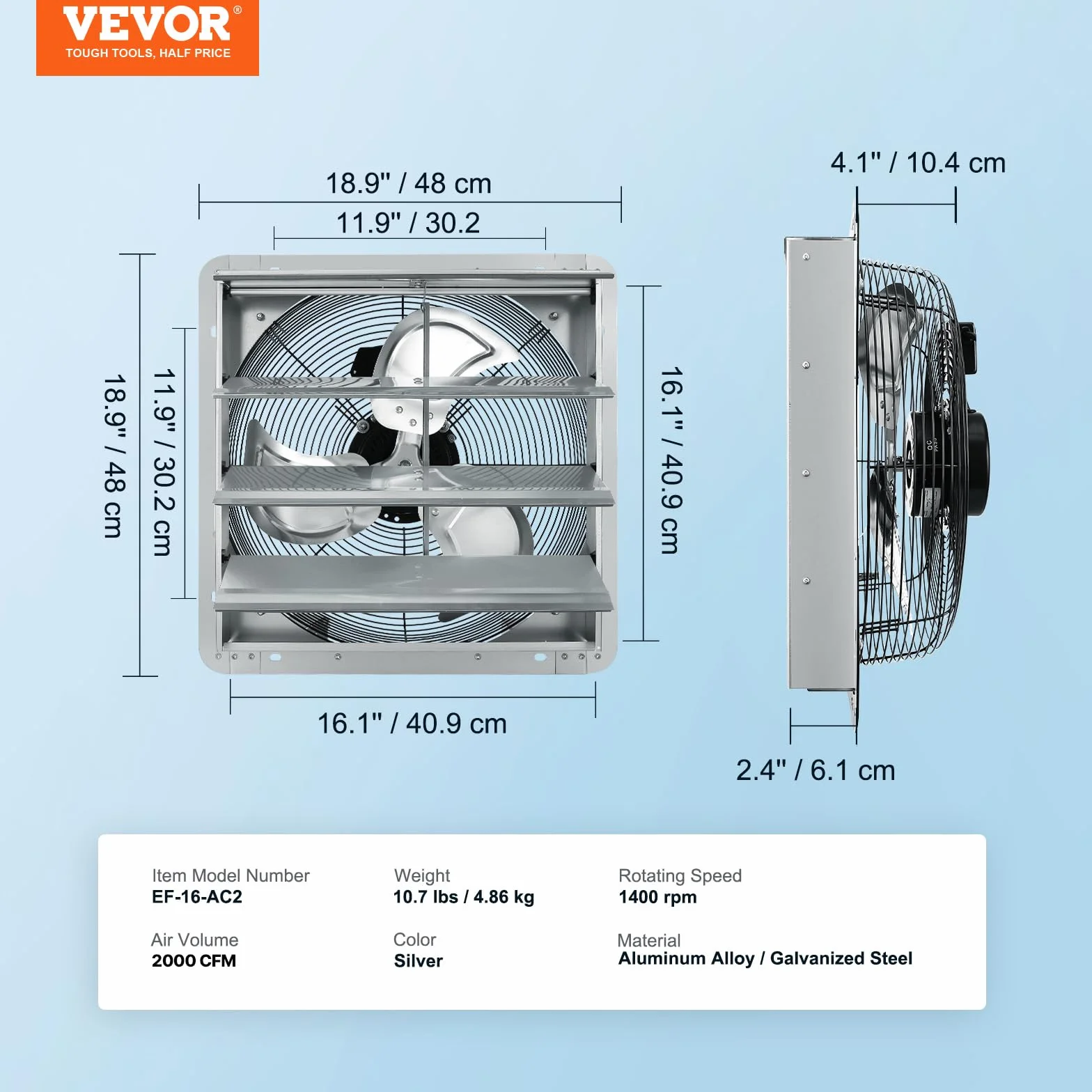 VEVOR Wentylator wyciągowy, 406 mm, 1400 obr./min, 1506 CFM, wentylator ścienny z aluminium do montażu na ścianie, z silnikiem prądu zmiennego, wentylacja i chłodzenie do szklarni, garaży, szop,