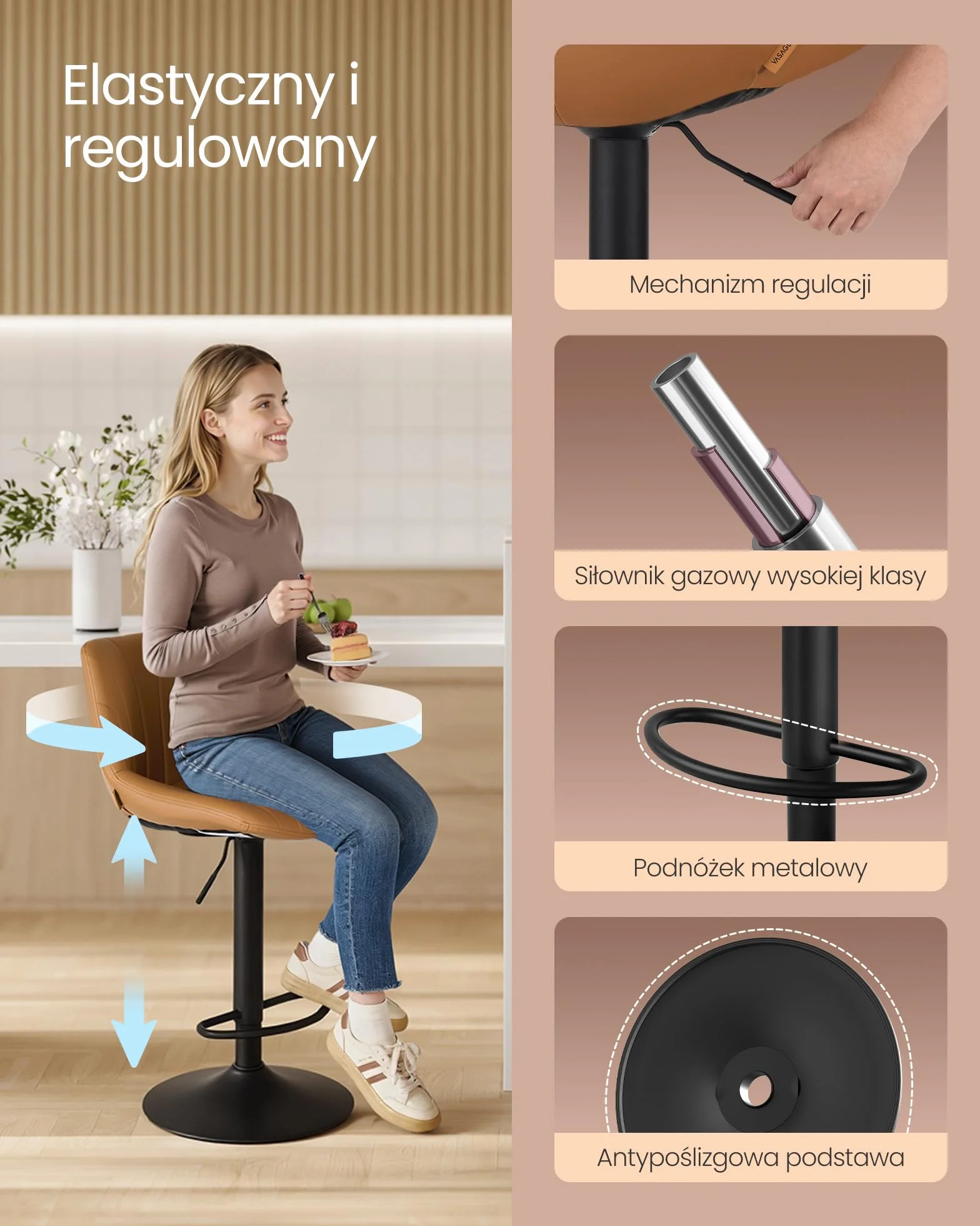 VASAGLE Zestaw 2 krzeseł barowych, krzesło barowe z oparciem, hoker kuchenny, regulowana wysokość, obrotowy 360°, do jadalni i kuchni, pokrowiec poliuretanowy, karmelowy brąz LJB181KN01