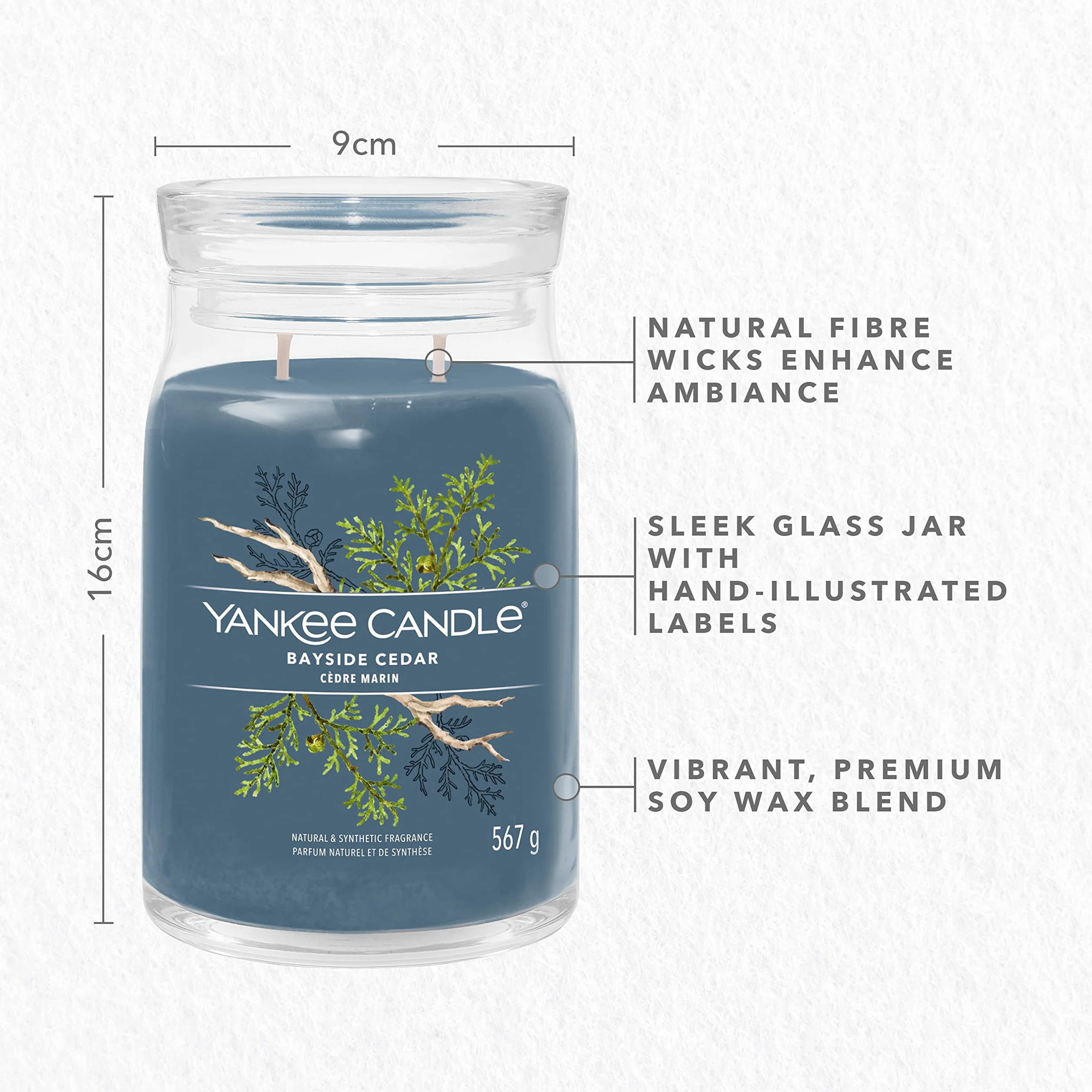Yankee Candle Podpisowa świeca zapachowa, duża świeca Bayside Cedar z podwójnymi knotami, mieszanka wosku sojowego, długa paląca się świeca, idealny prezent dla kobiet
