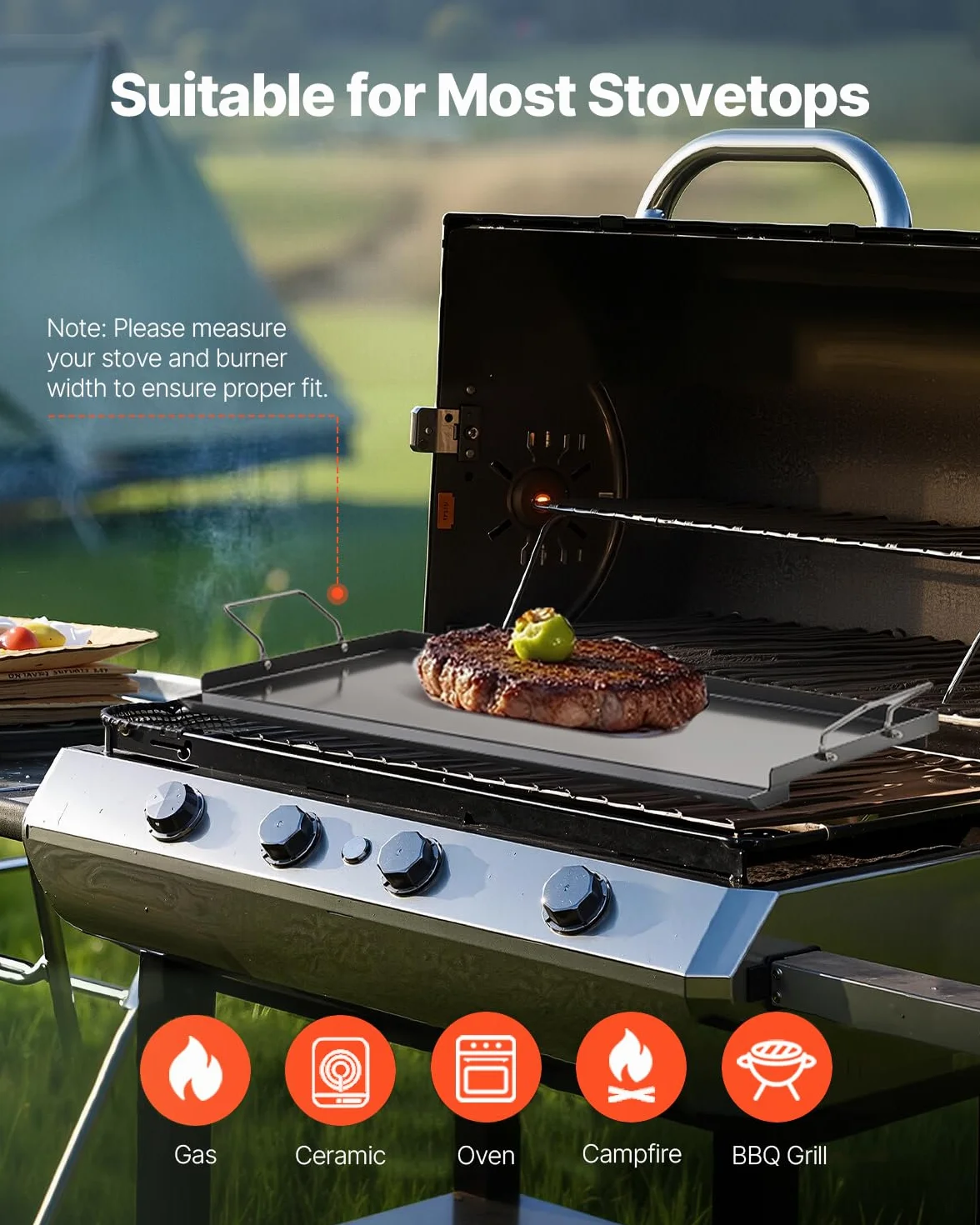 VEVOR Uniwersalny wytrzymały grill ze stali węglowej prostokątny 606 x 360 mm z płaską powierzchnią, żelazko gazowe do grillowania, przenośne rodzinne przybory kuchenne z uchwytem, duża powierzchnia