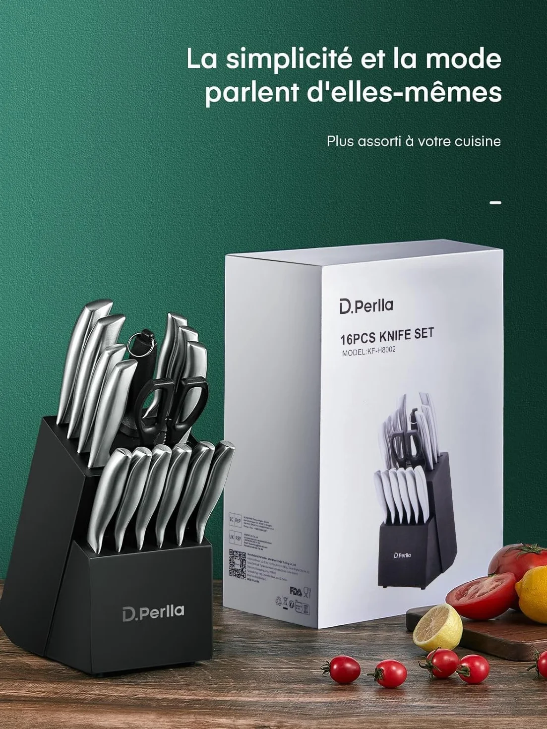 D.Perlla Zestaw noży kuchennych ze stali nierdzewnej, z drewnianym blokiem, 16 elementów, profesjonalne noże kuchenne, bezszwowa technologia kucia, bardzo ostry i ergonomiczny blok na noże, czarny